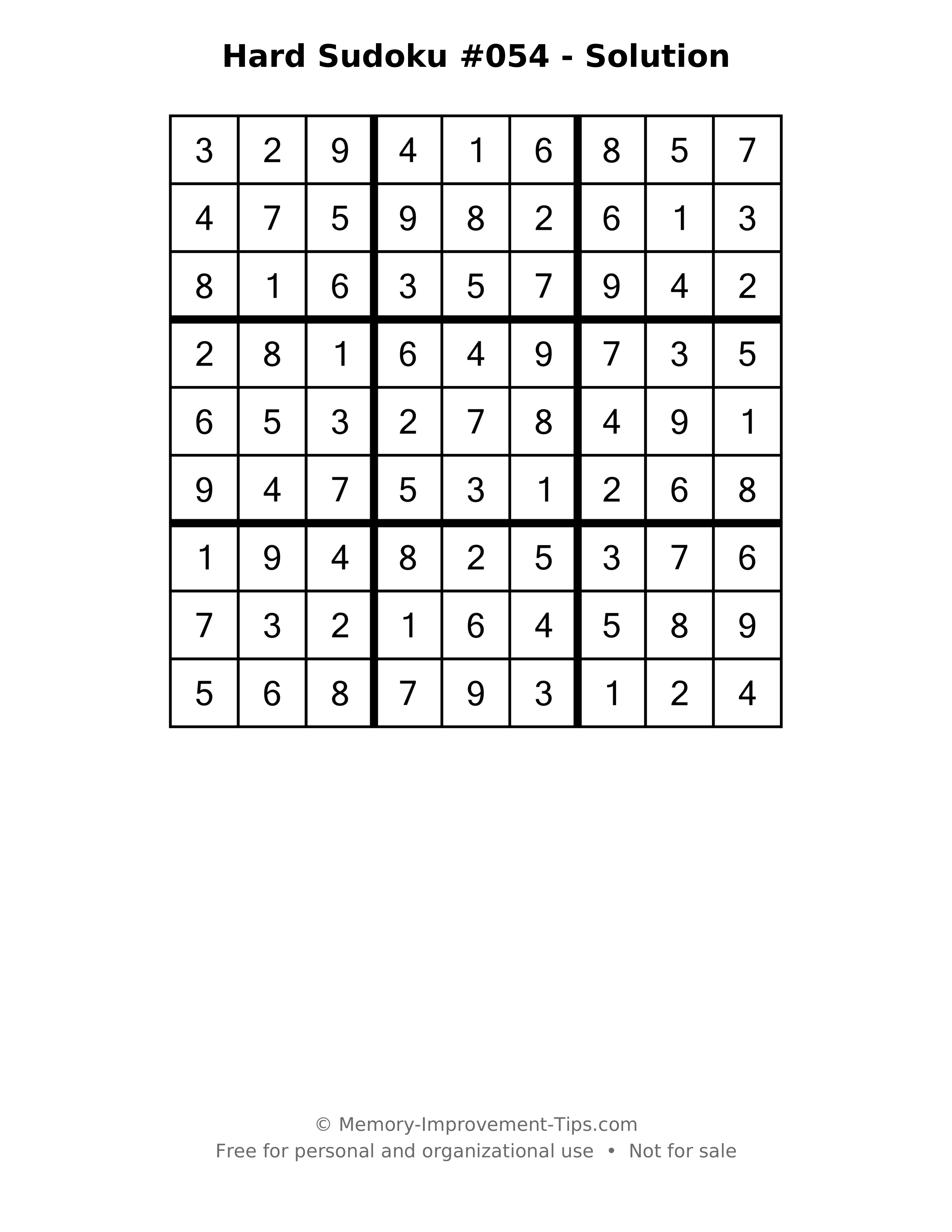 Printable solution: Hard Sudoku #054 - Solution
