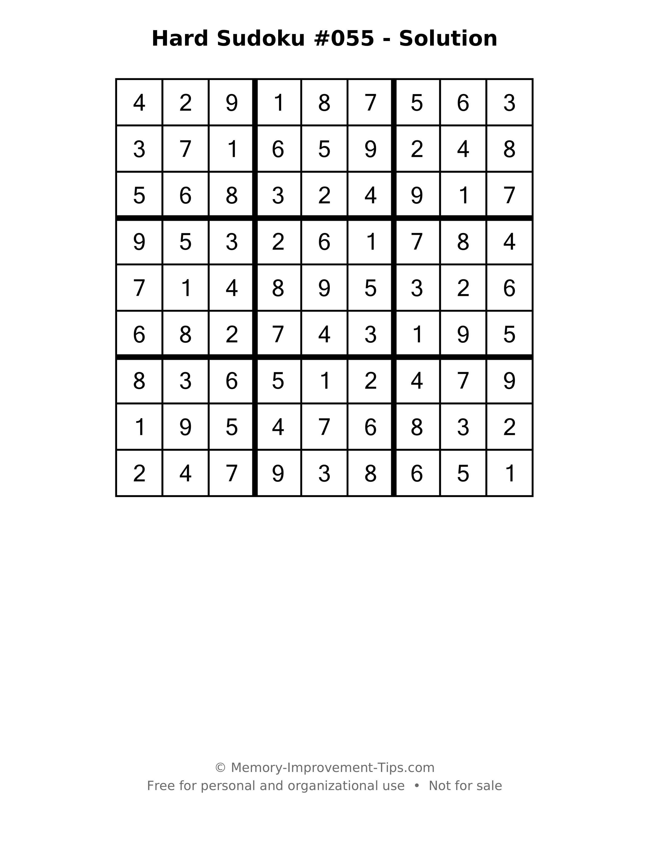 Printable solution: Hard Sudoku #055 - Solution