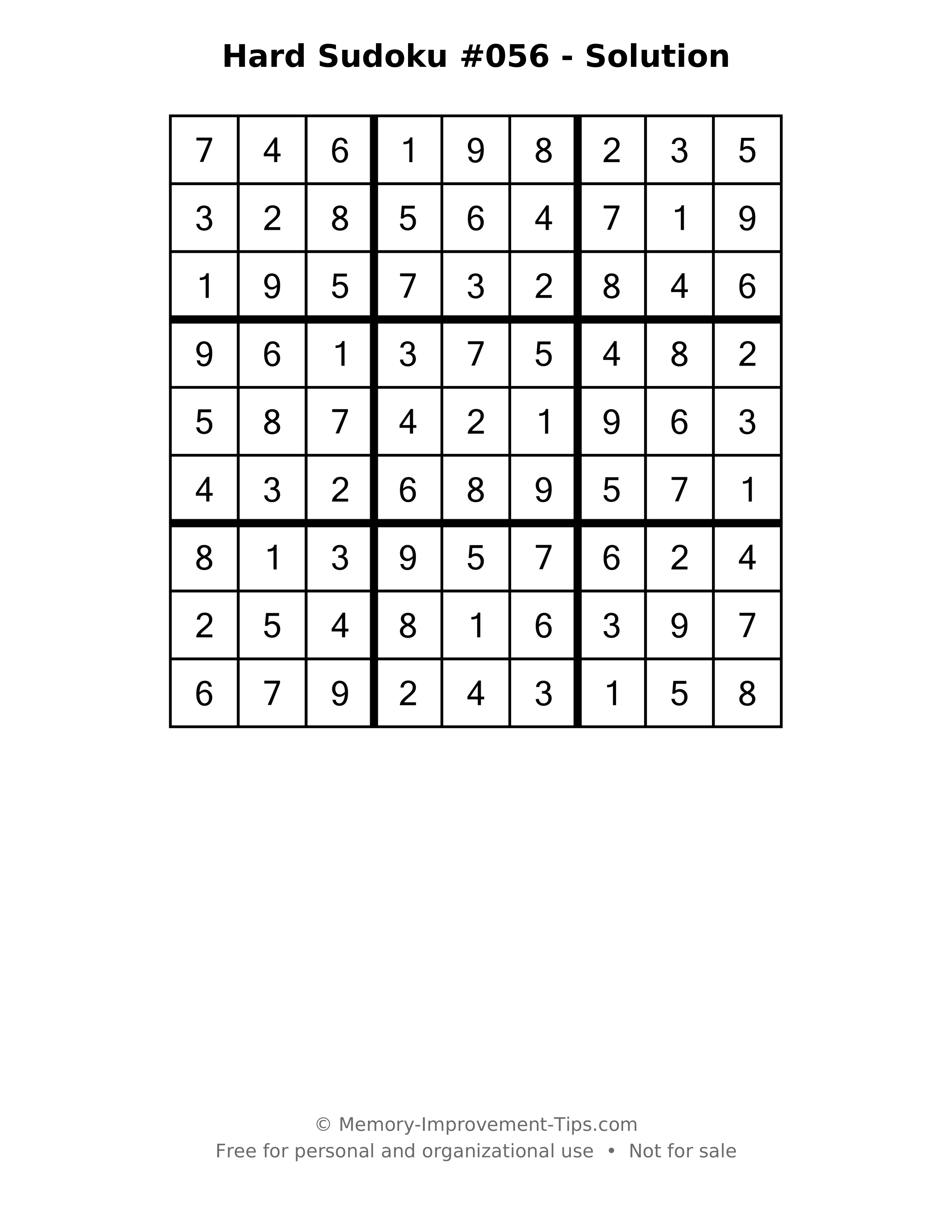 Printable solution: Hard Sudoku #056 - Solution