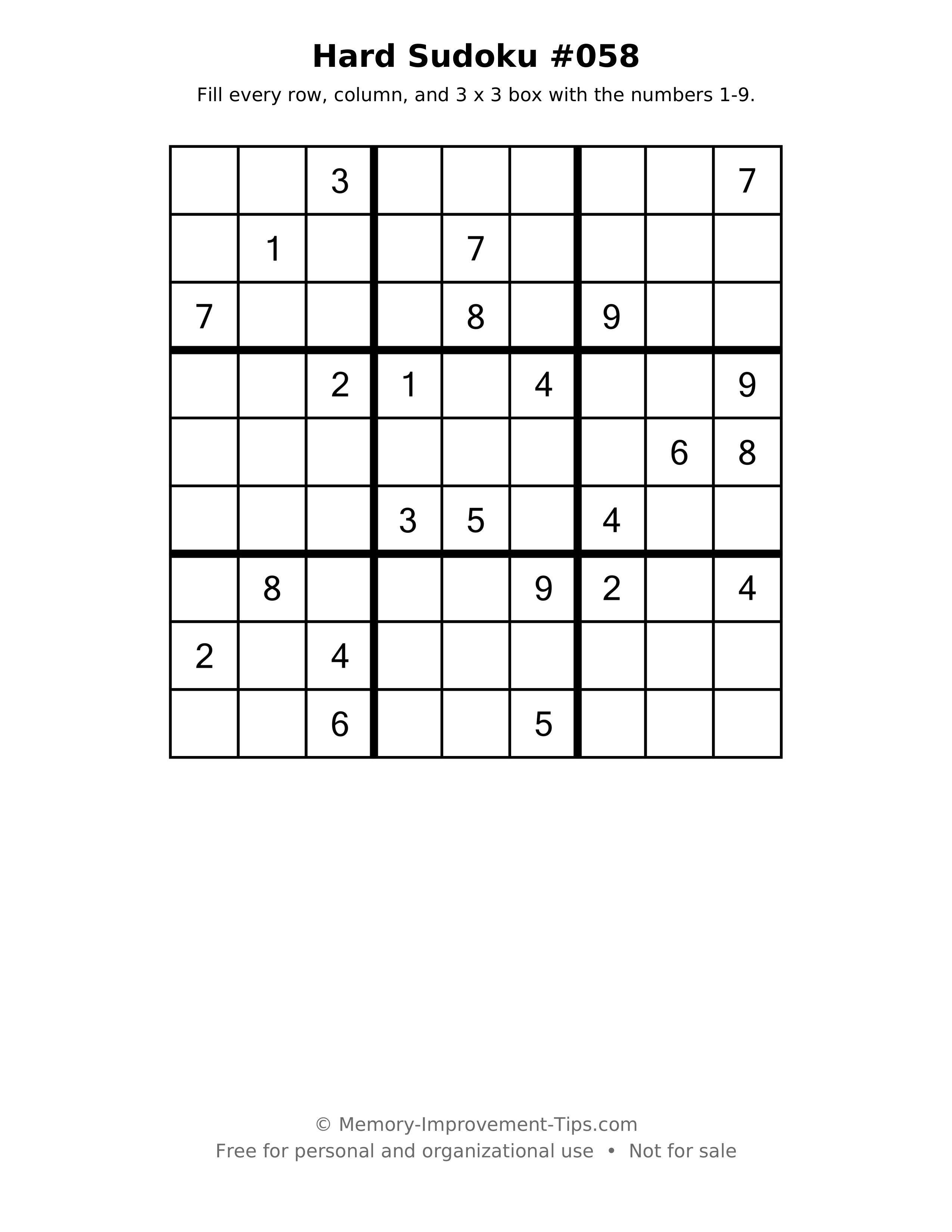 Printable puzzle: Hard Sudoku #058