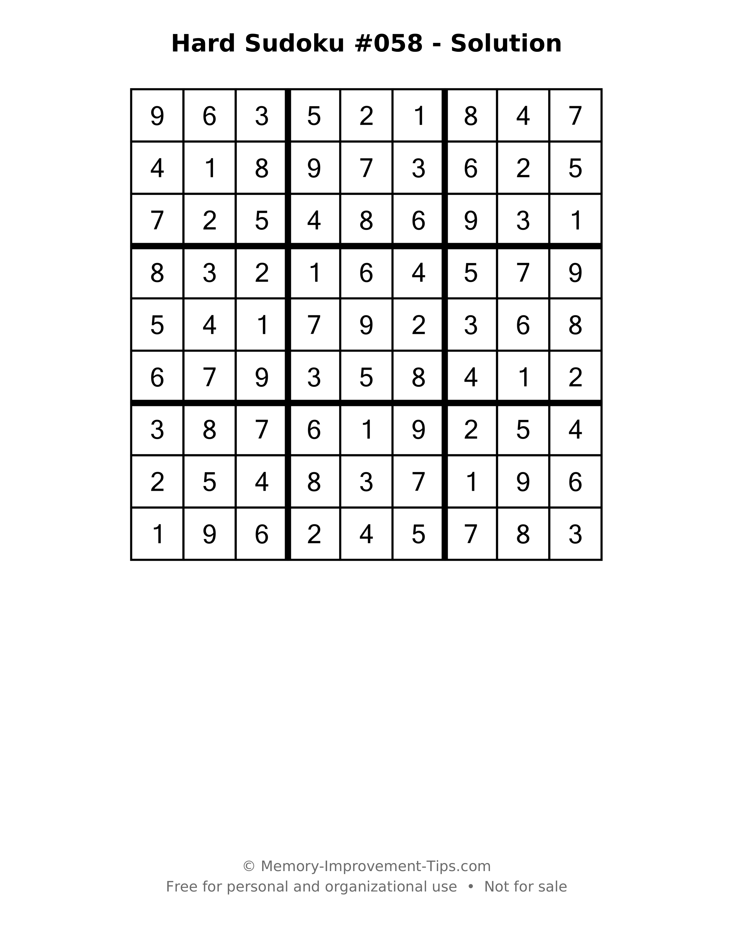 Printable solution: Hard Sudoku #058 - Solution
