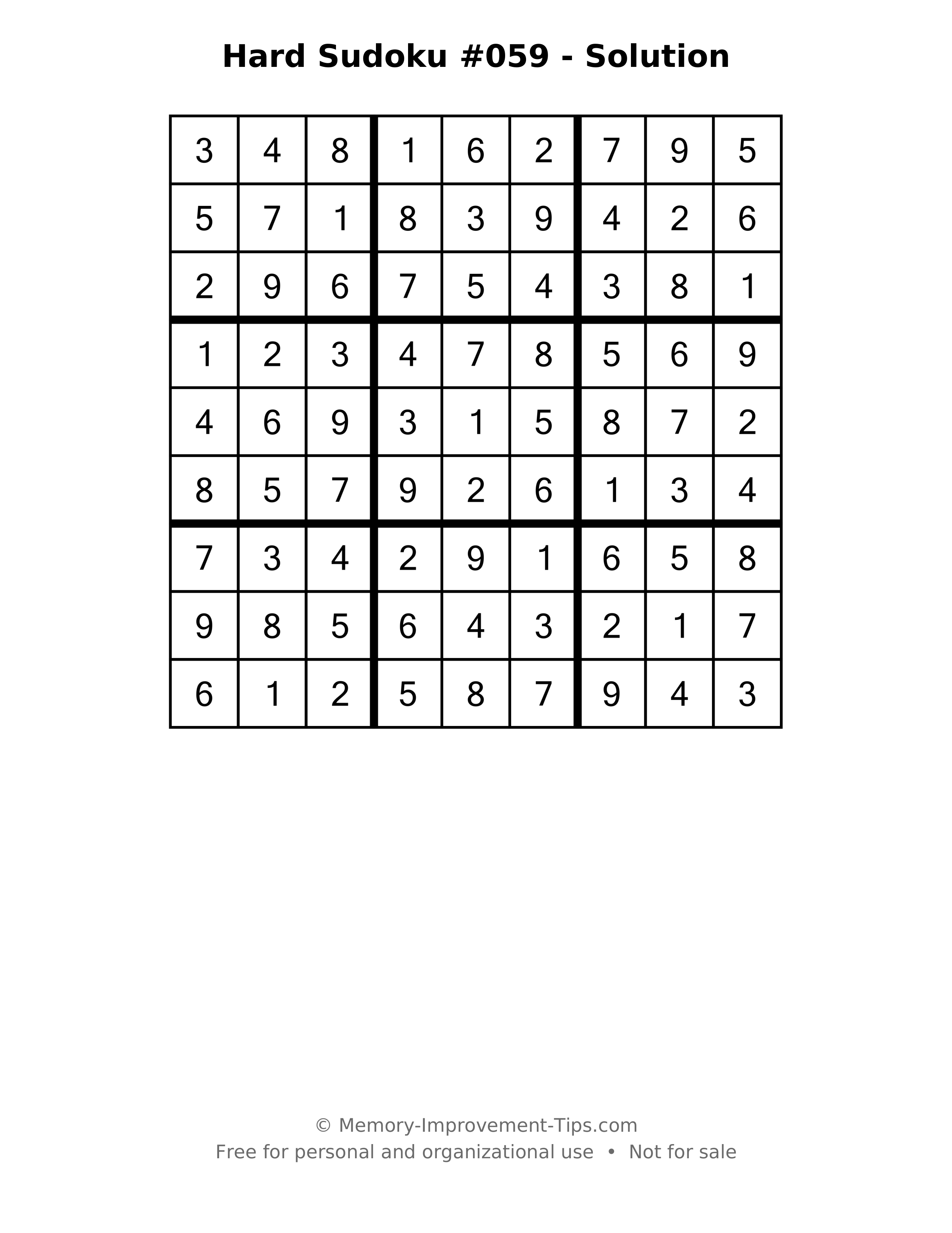 Printable solution: Hard Sudoku #059 - Solution