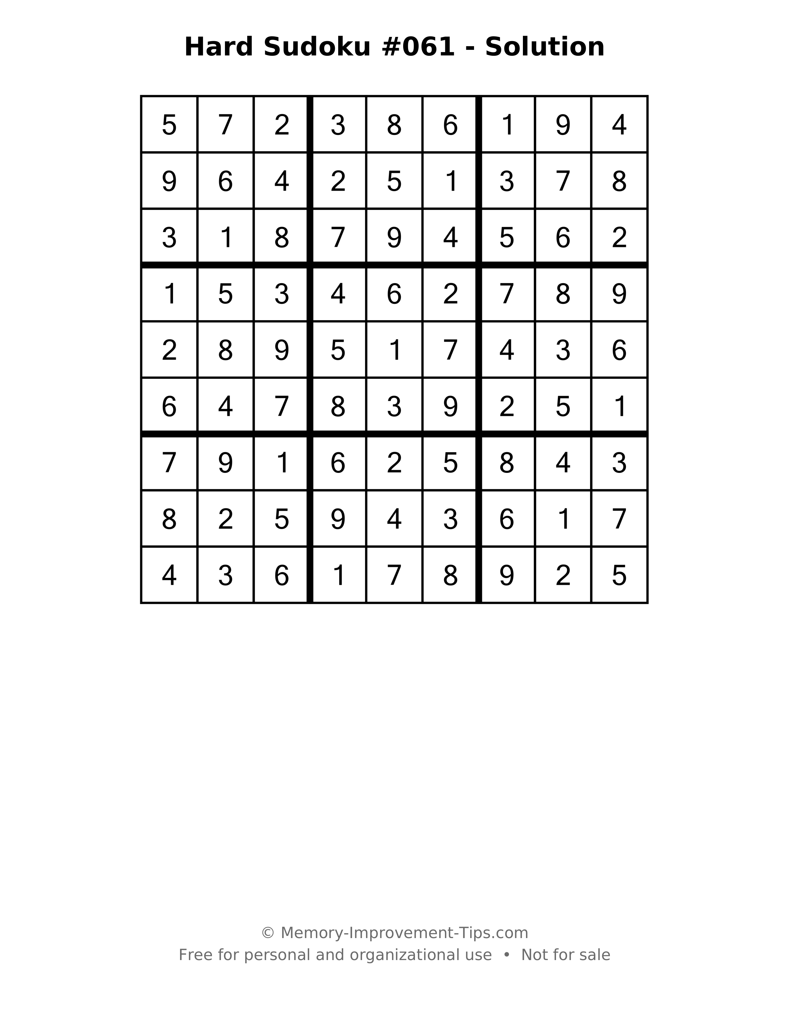 Printable solution: Hard Sudoku #061 - Solution