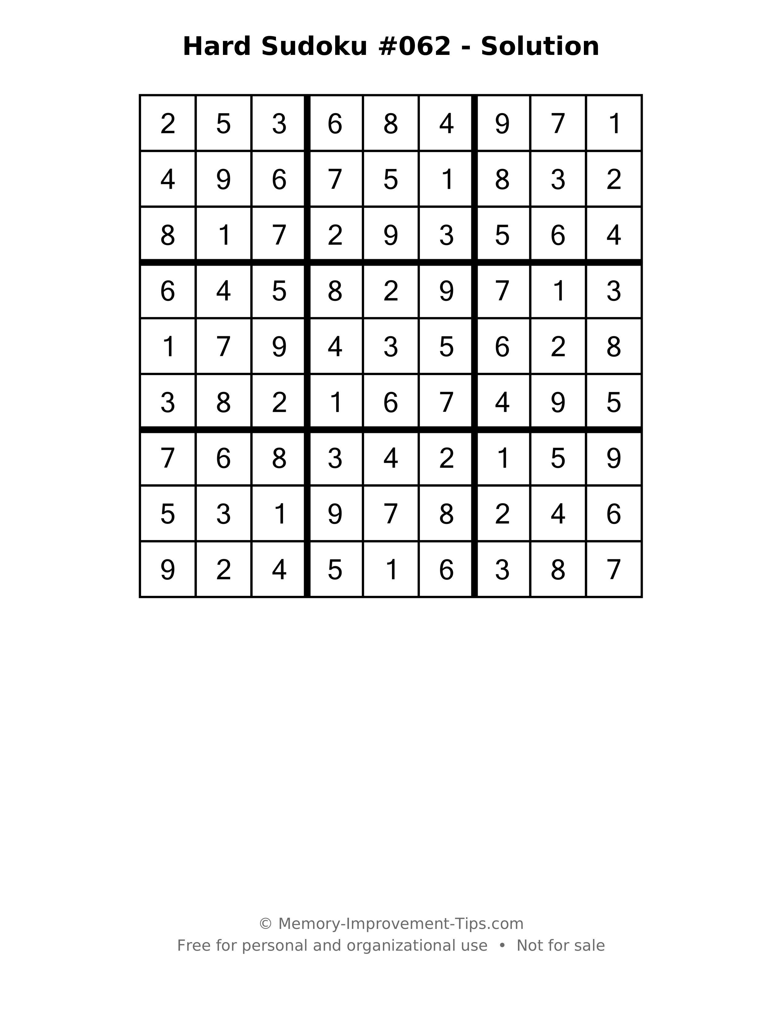 Printable solution: Hard Sudoku #062 - Solution