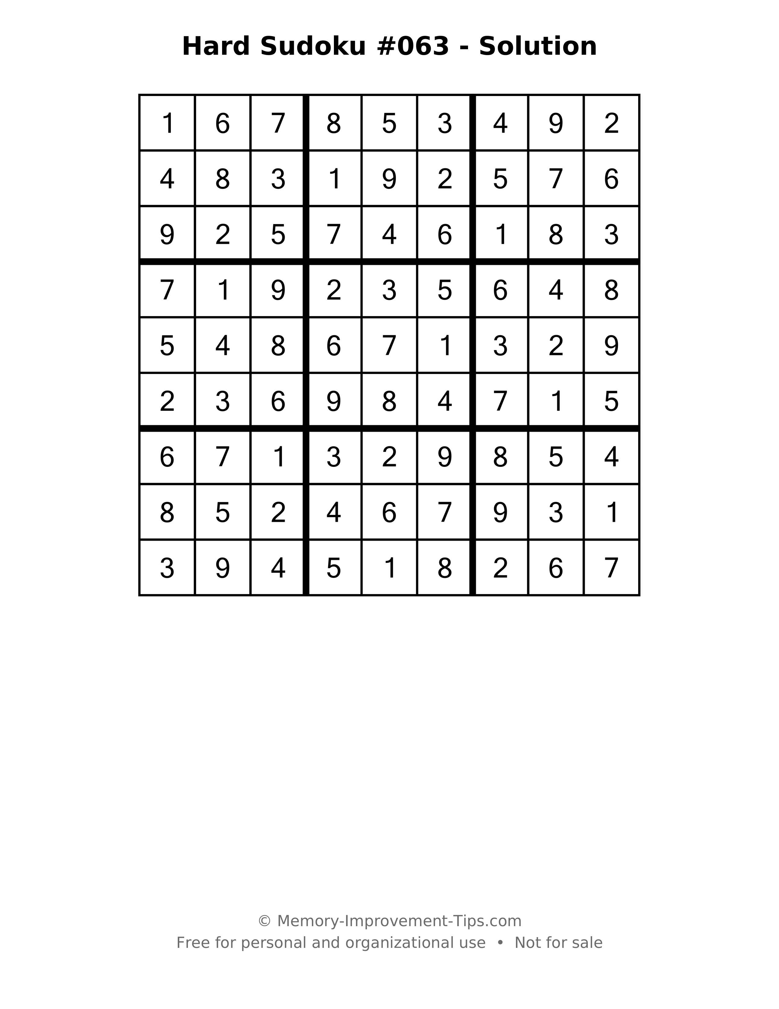 Printable solution: Hard Sudoku #063 - Solution