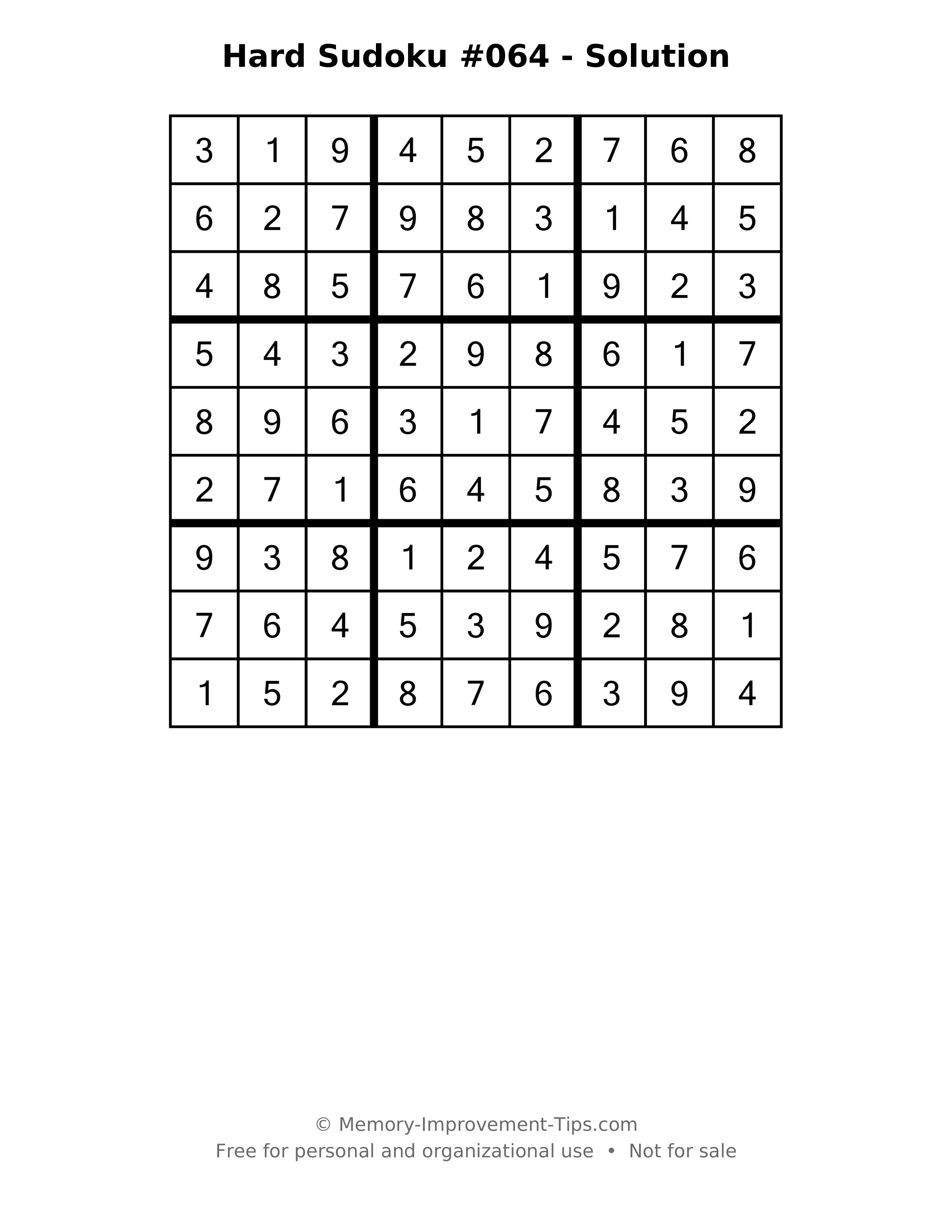 Printable solution: Hard Sudoku #064 - Solution
