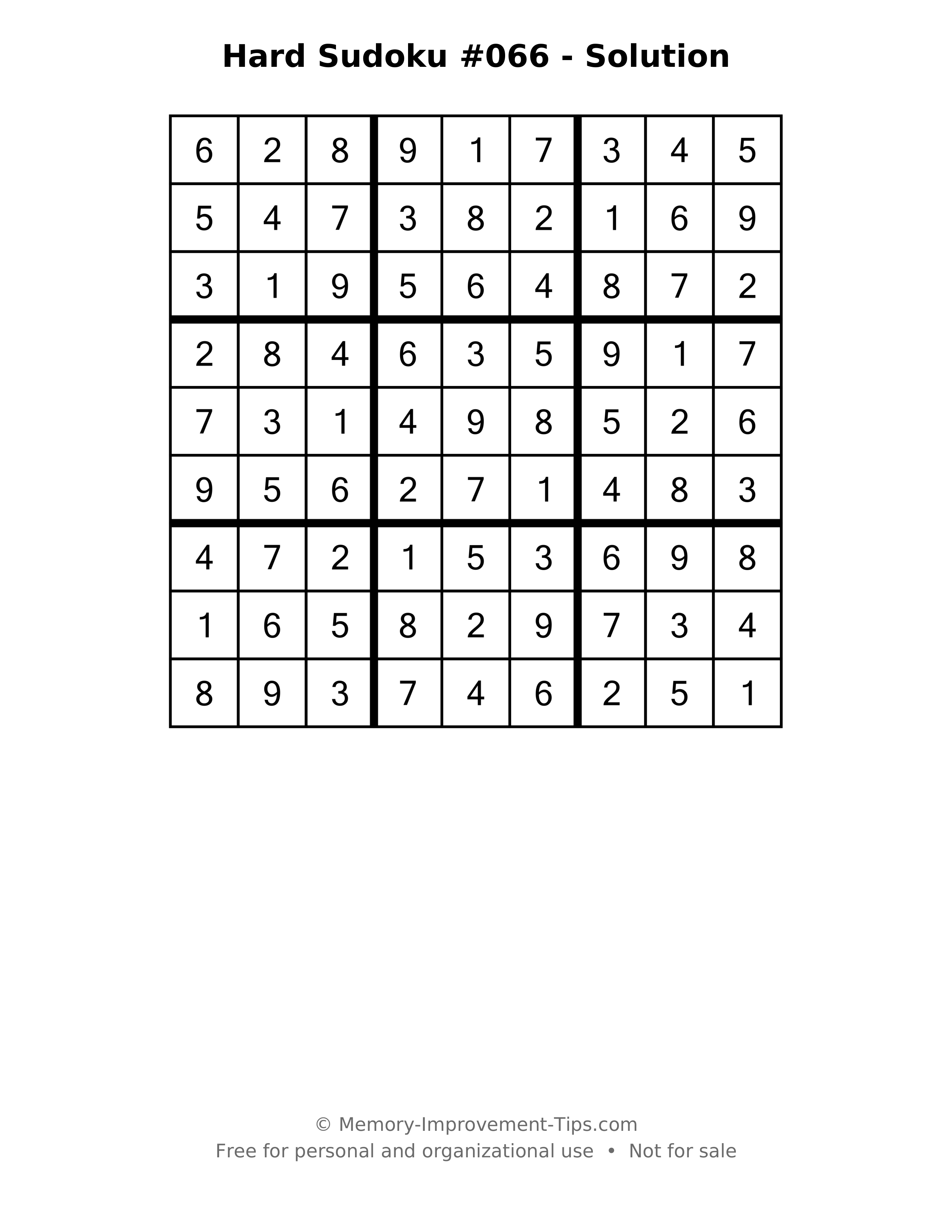 Printable solution: Hard Sudoku #066 - Solution