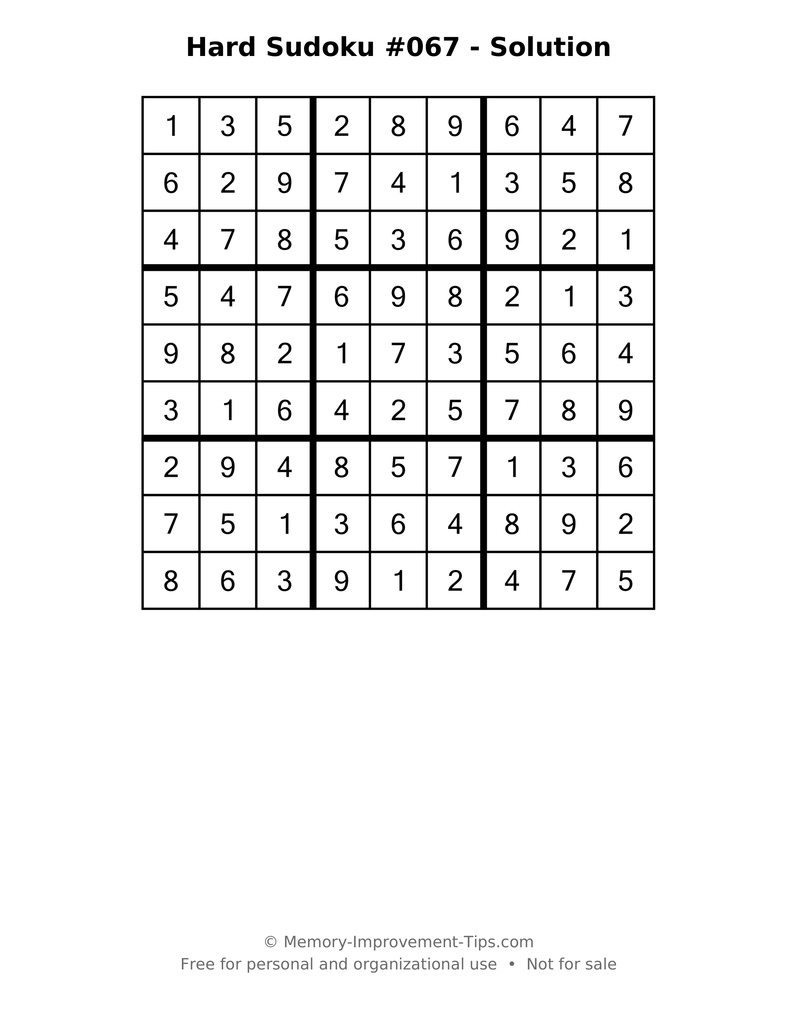 Printable solution: Hard Sudoku #067 - Solution