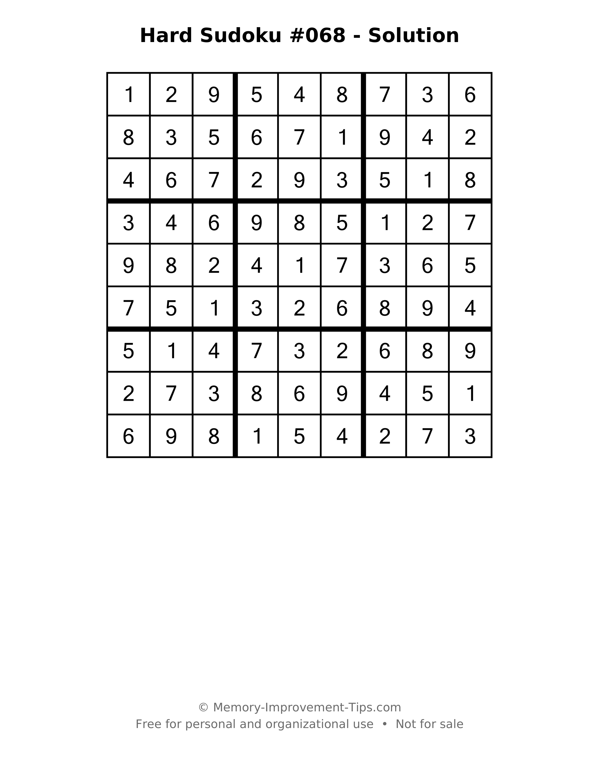 Printable solution: Hard Sudoku #068 - Solution
