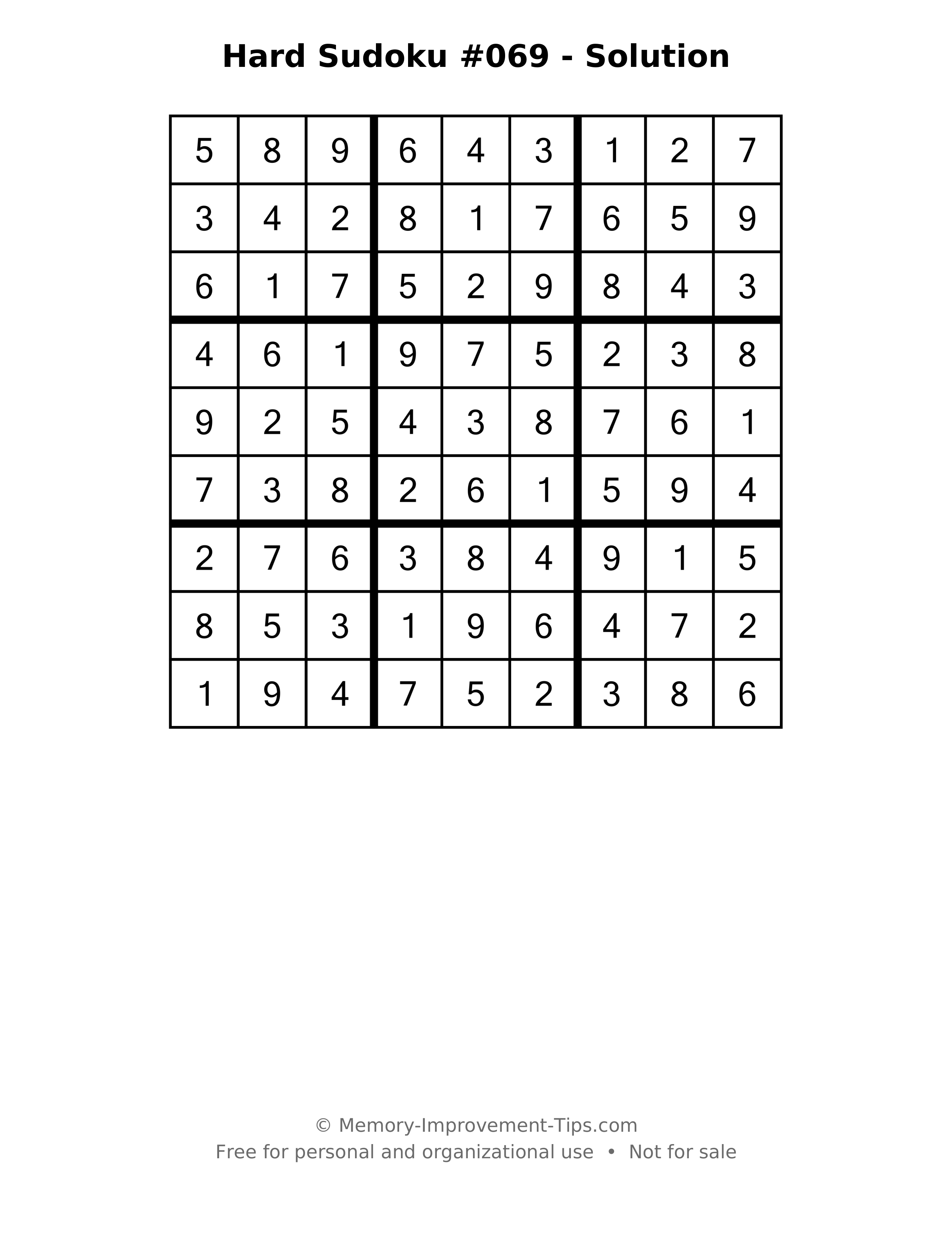Printable solution: Hard Sudoku #069 - Solution