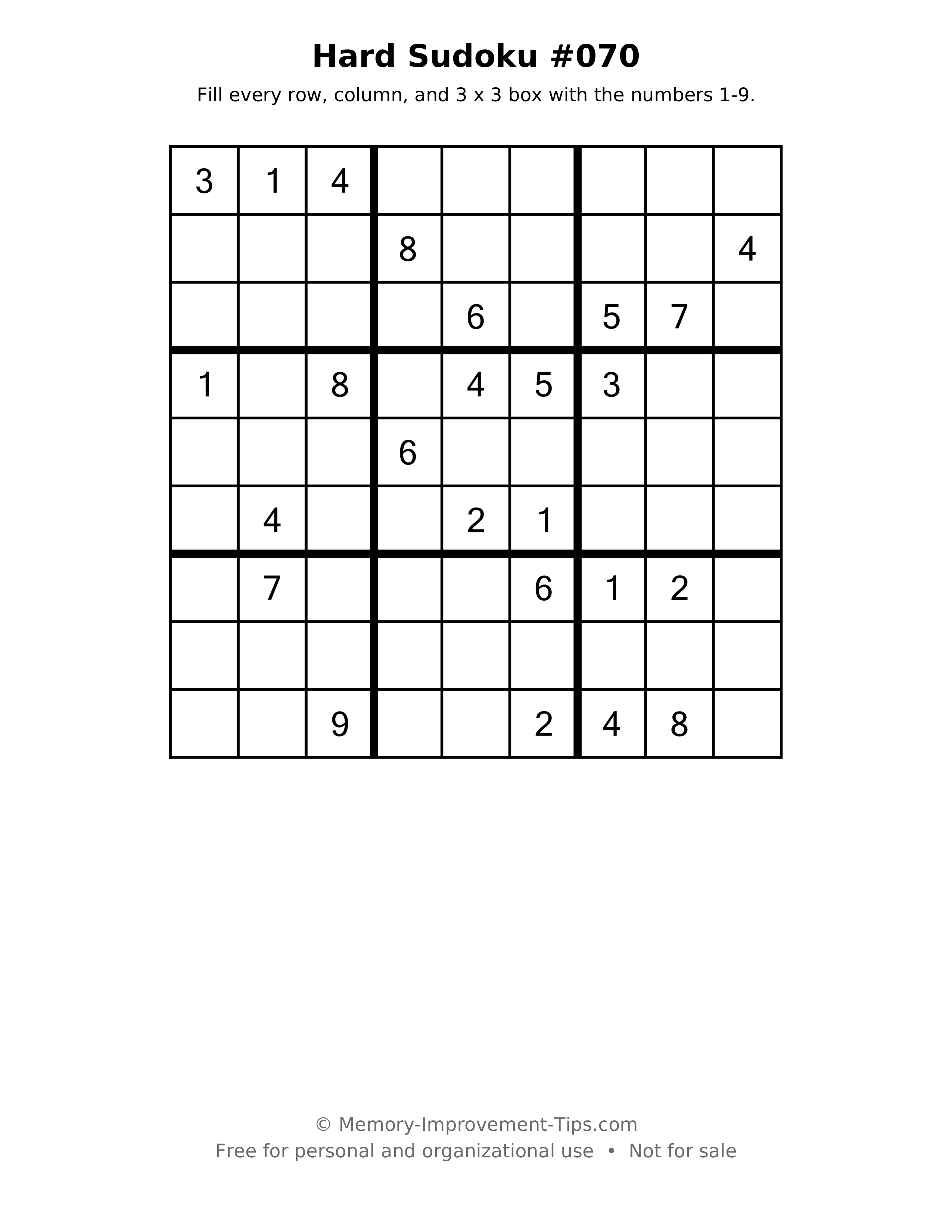 Printable puzzle: Hard Sudoku #070