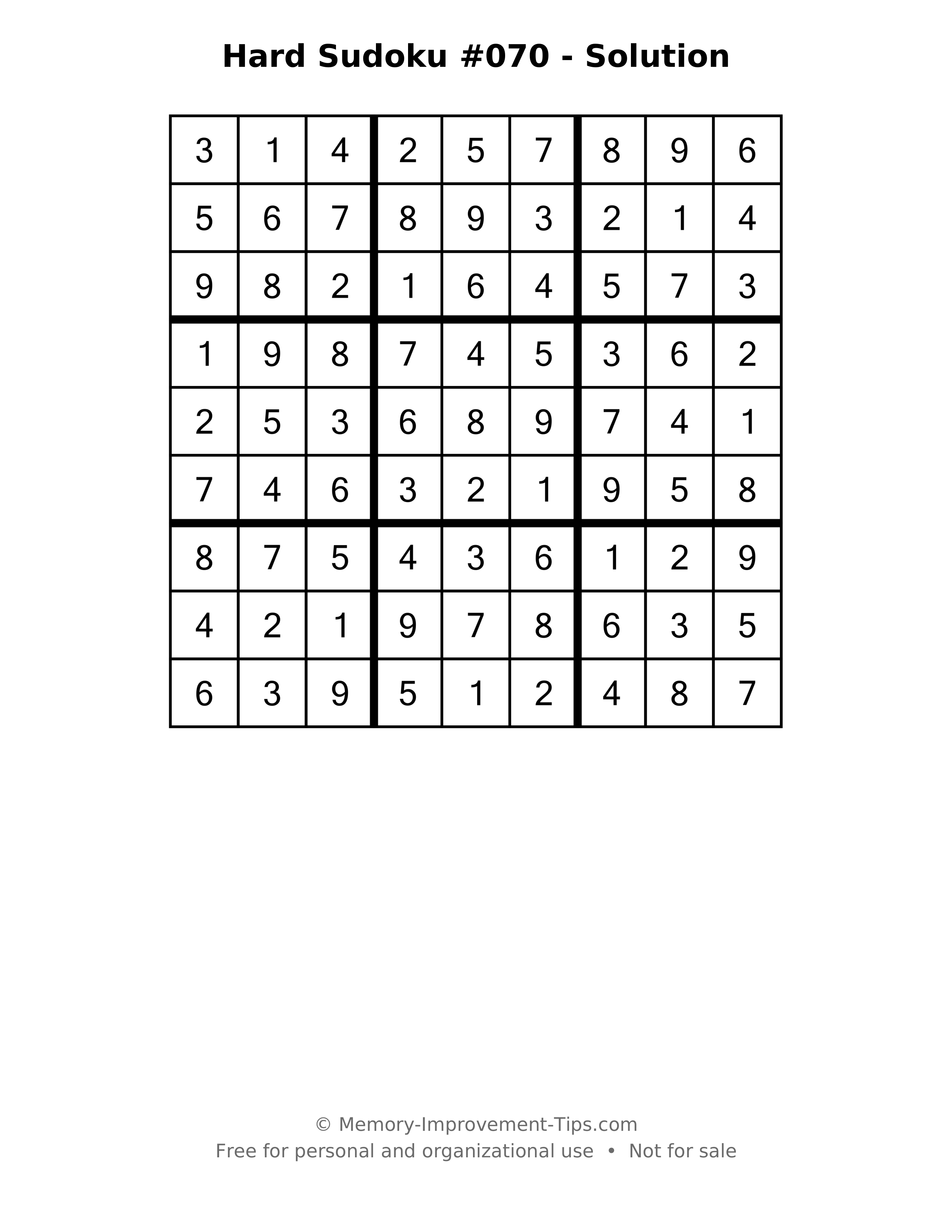 Printable solution: Hard Sudoku #070 - Solution