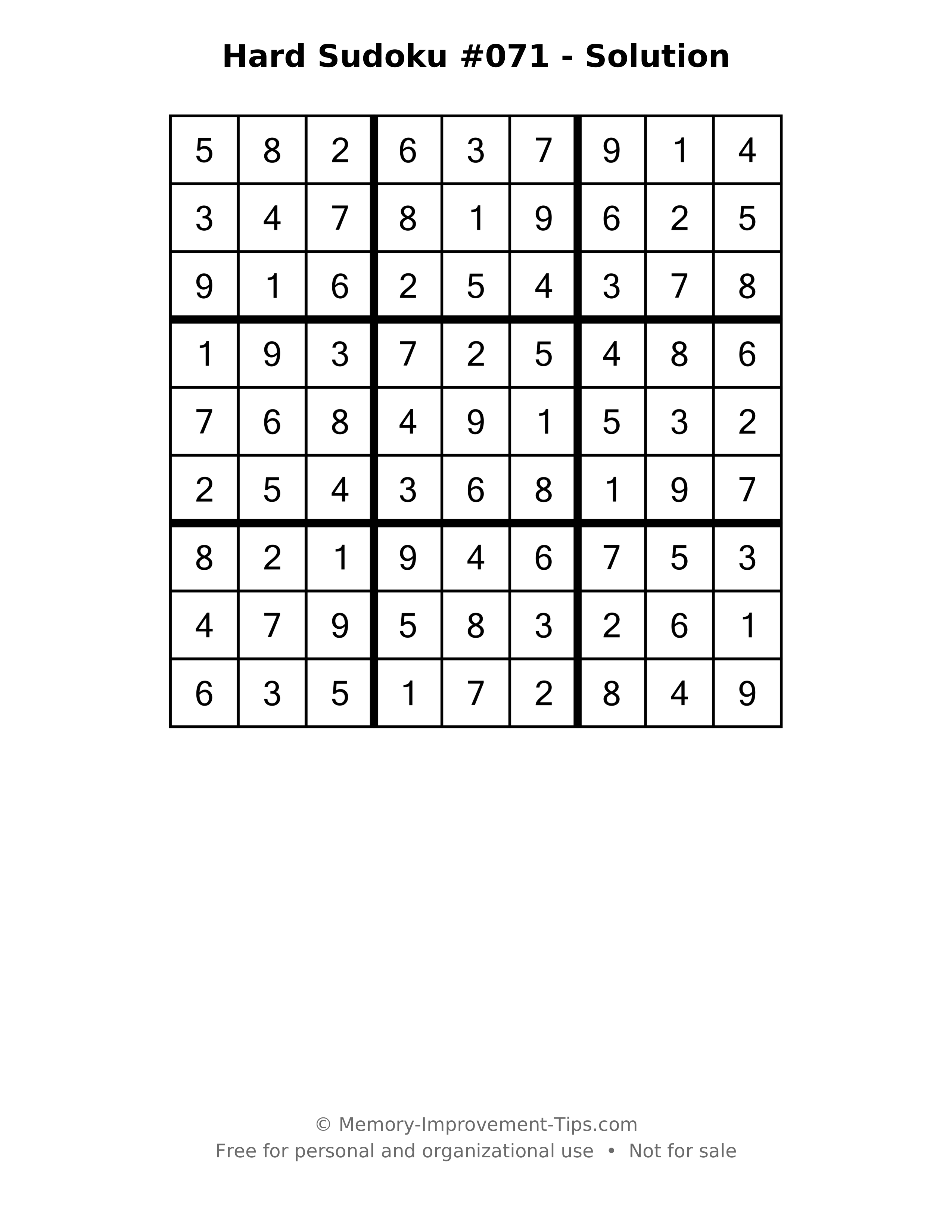 Printable solution: Hard Sudoku #071 - Solution
