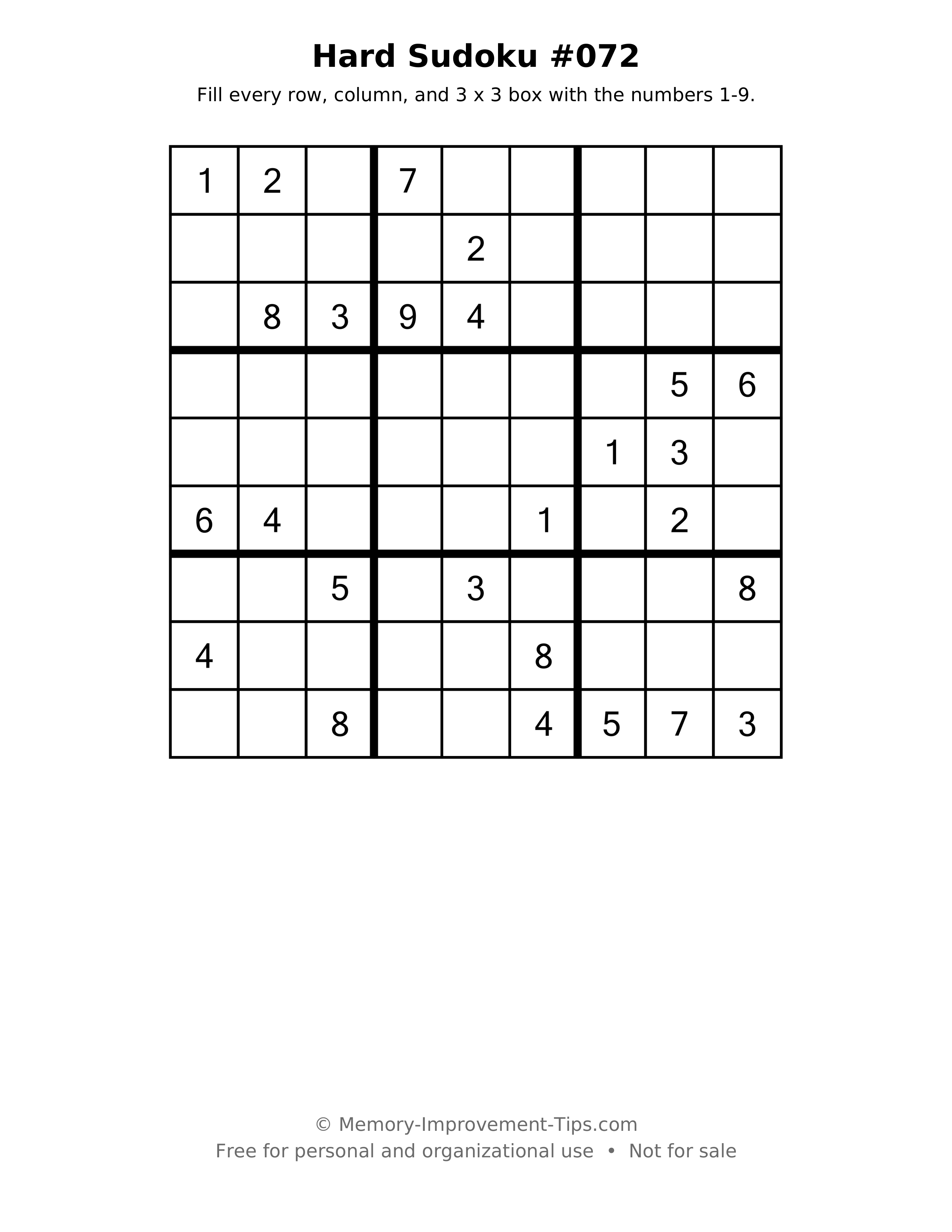 Printable puzzle: Hard Sudoku #072