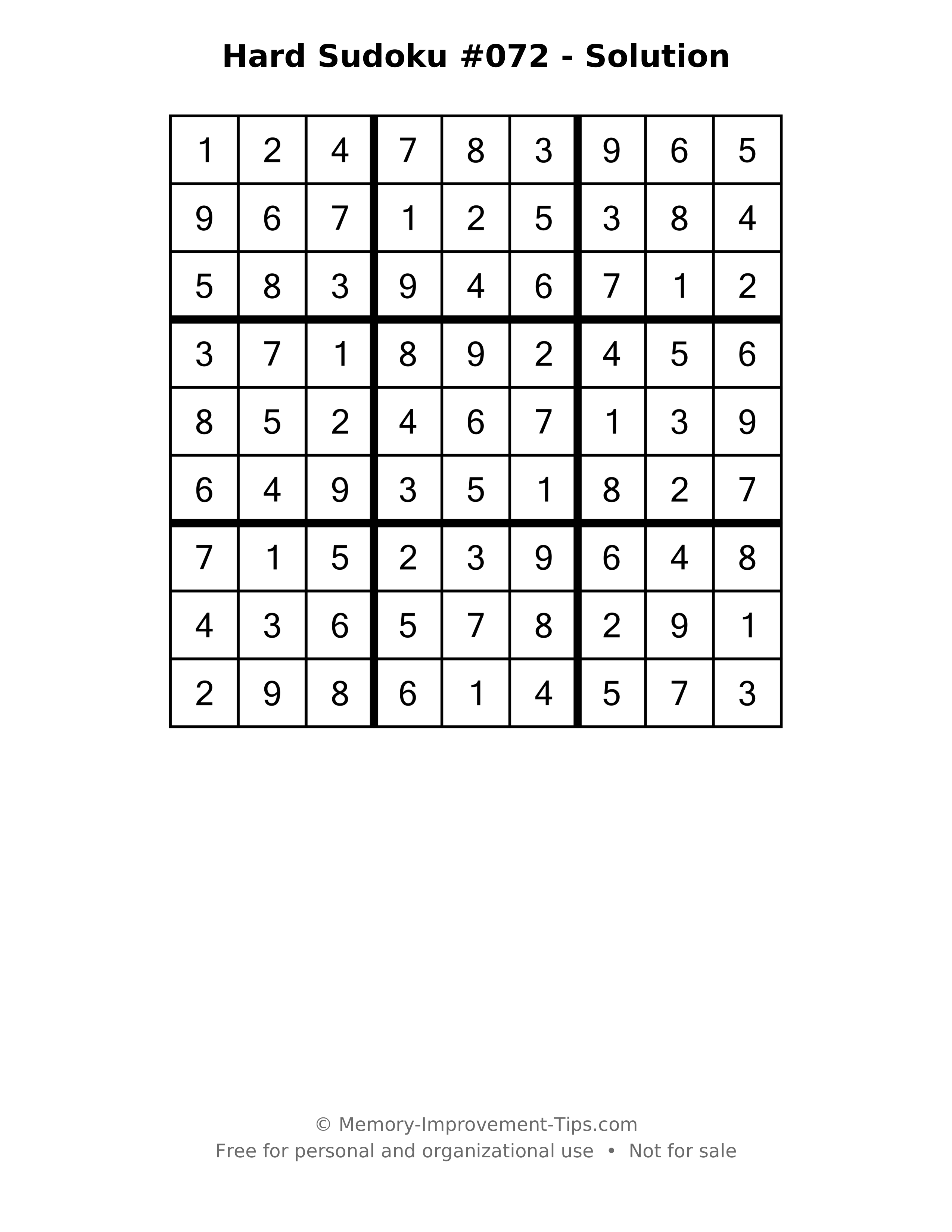 Printable solution: Hard Sudoku #072 - Solution
