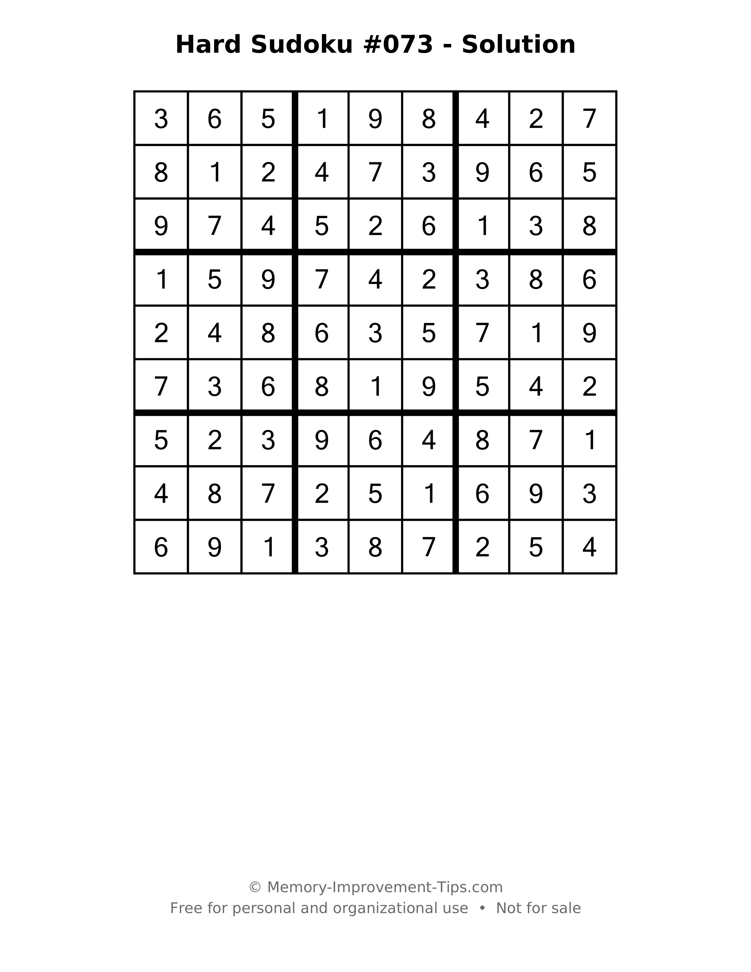 Printable solution: Hard Sudoku #073 - Solution