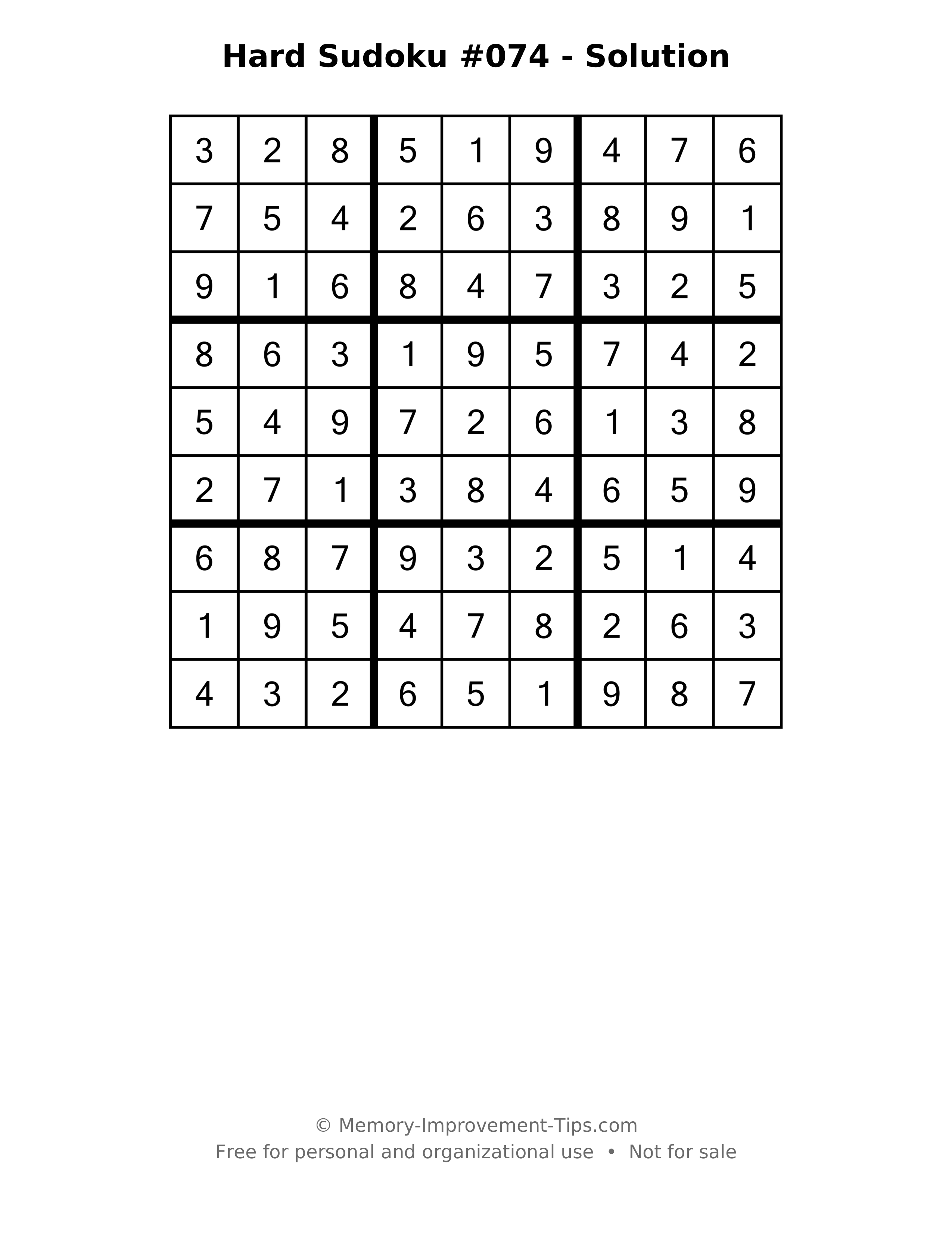 Printable solution: Hard Sudoku #074 - Solution
