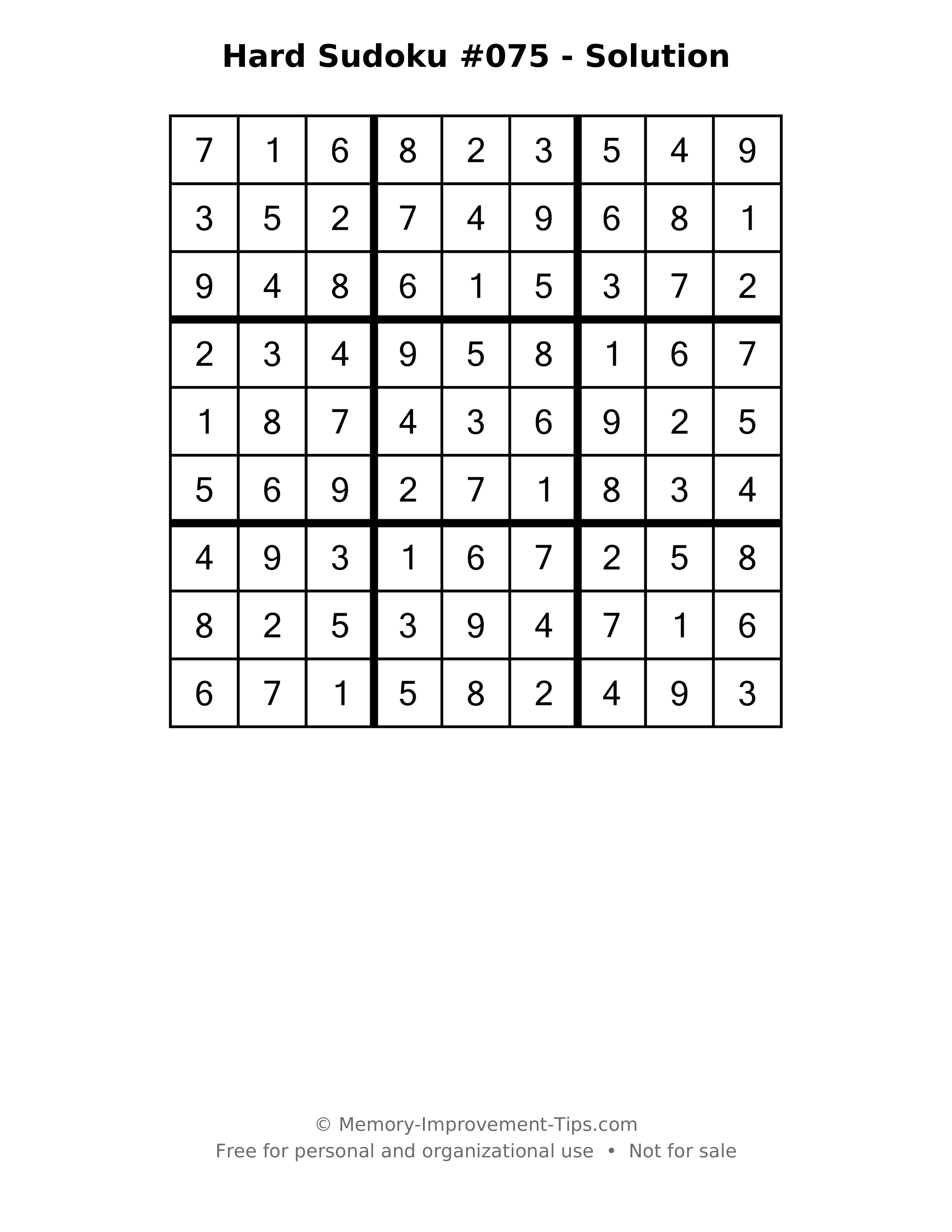 Printable solution: Hard Sudoku #075 - Solution