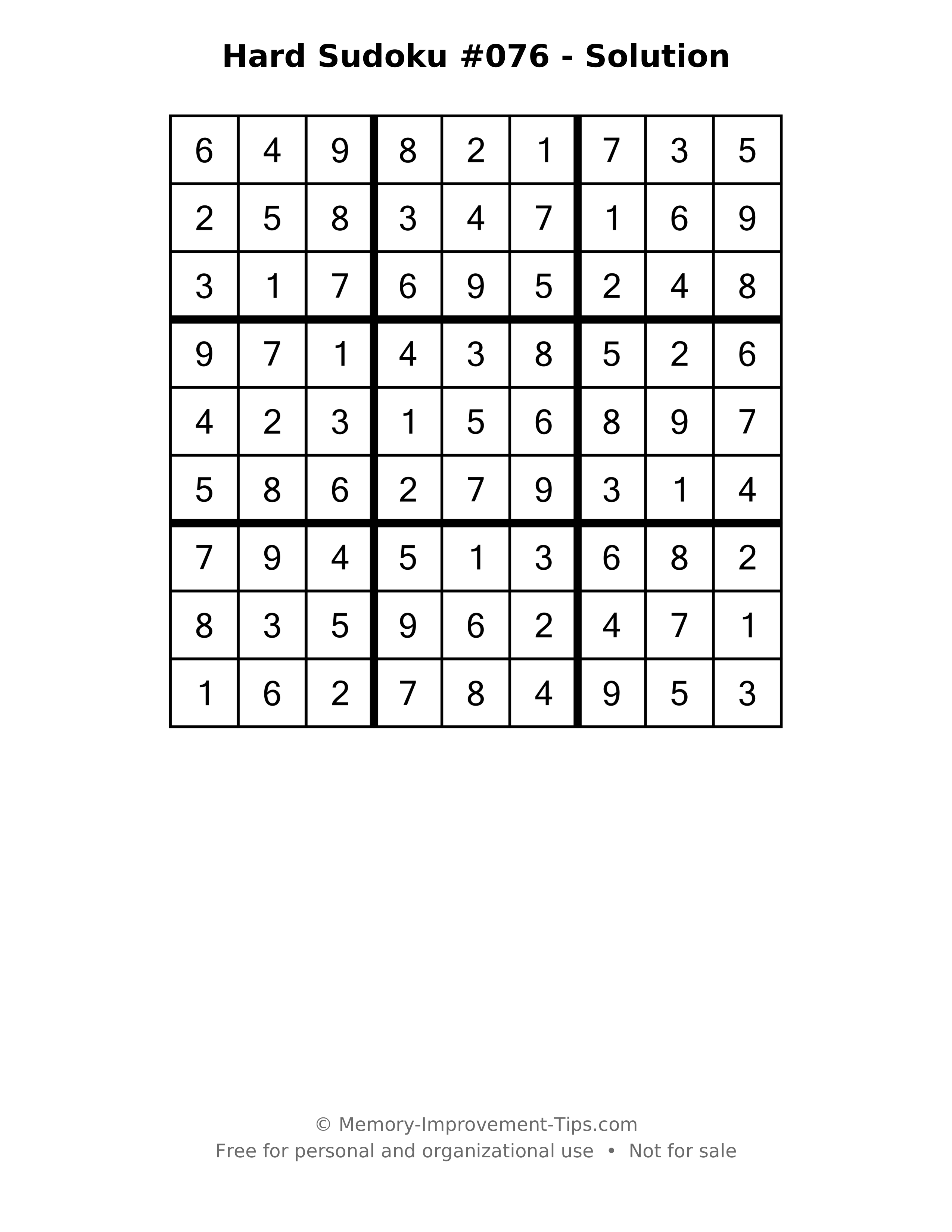 Printable solution: Hard Sudoku #076 - Solution