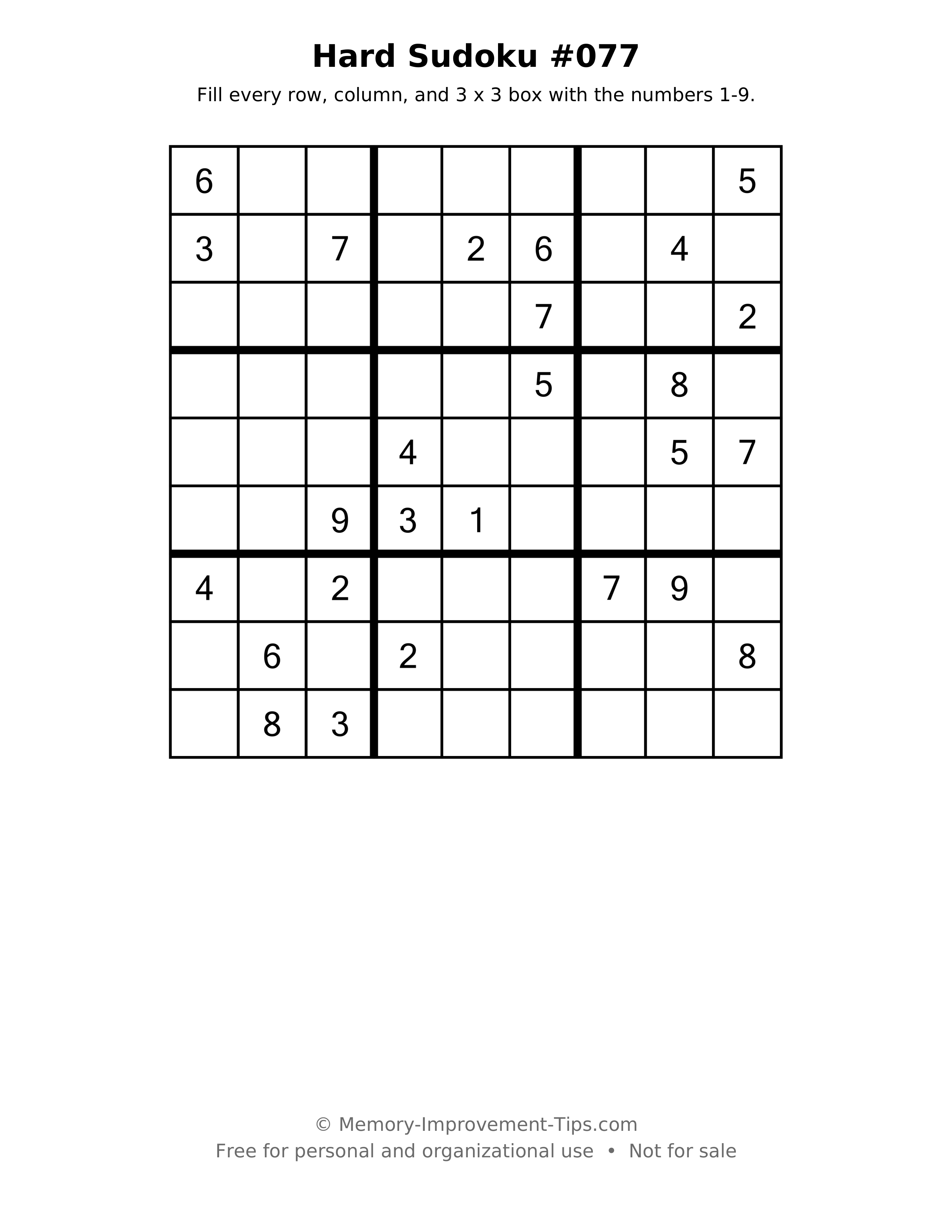 Printable puzzle: Hard Sudoku #077