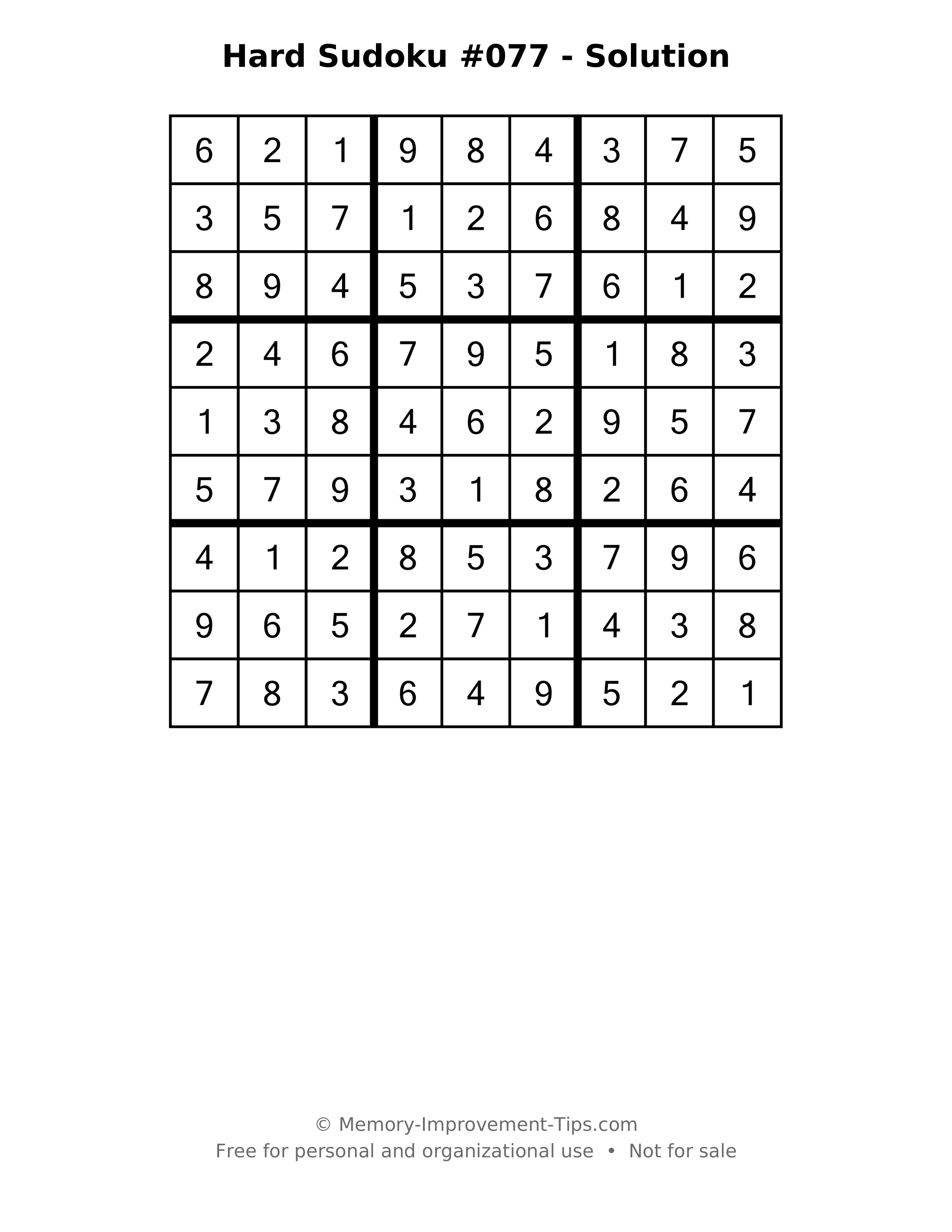 Printable solution: Hard Sudoku #077 - Solution