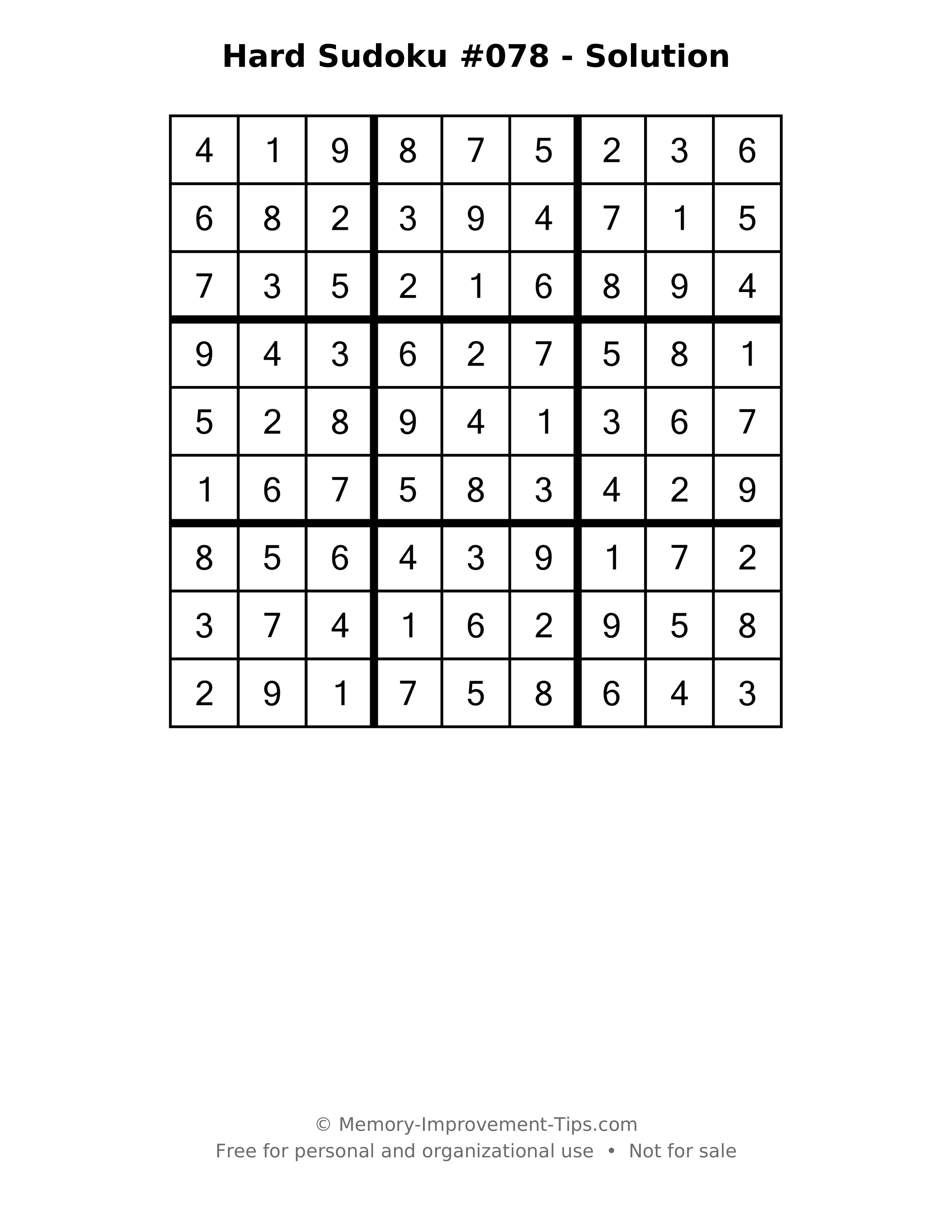 Printable solution: Hard Sudoku #078 - Solution