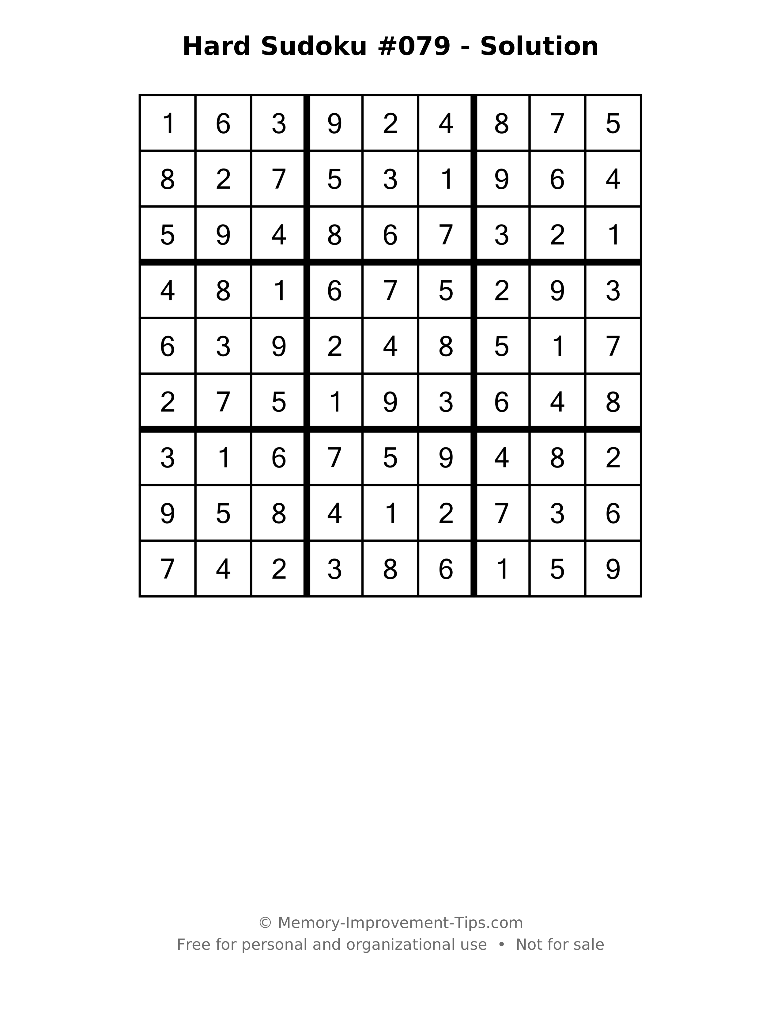 Printable solution: Hard Sudoku #079 - Solution