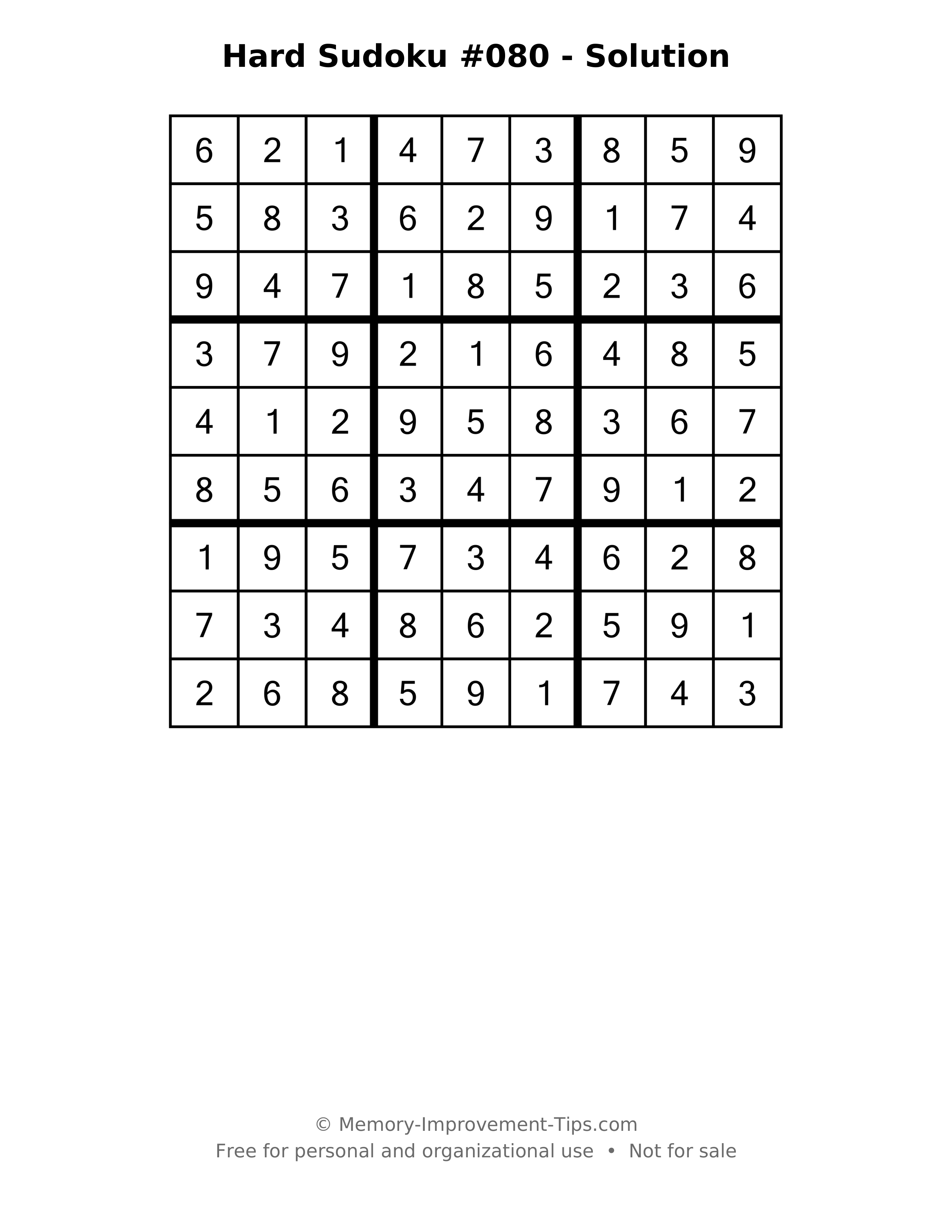 Printable solution: Hard Sudoku #080 - Solution