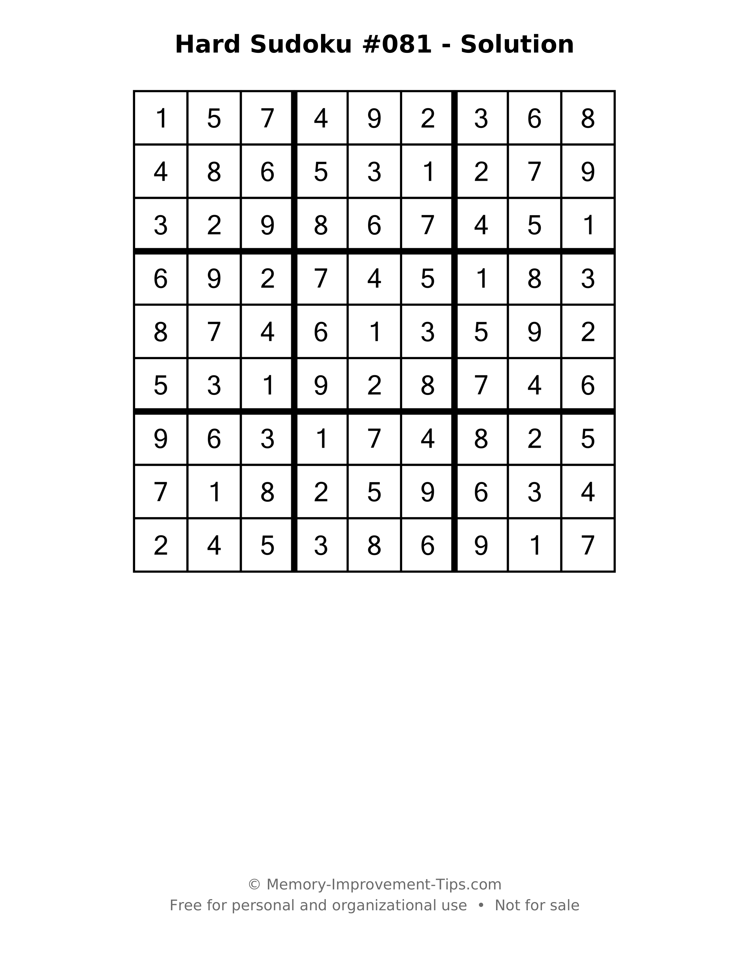 Printable solution: Hard Sudoku #081 - Solution