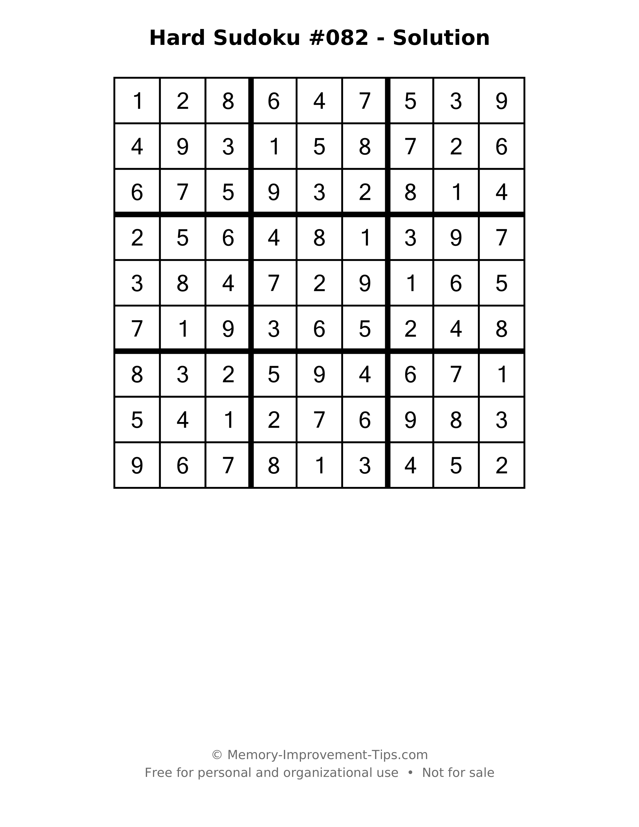 Printable solution: Hard Sudoku #082 - Solution