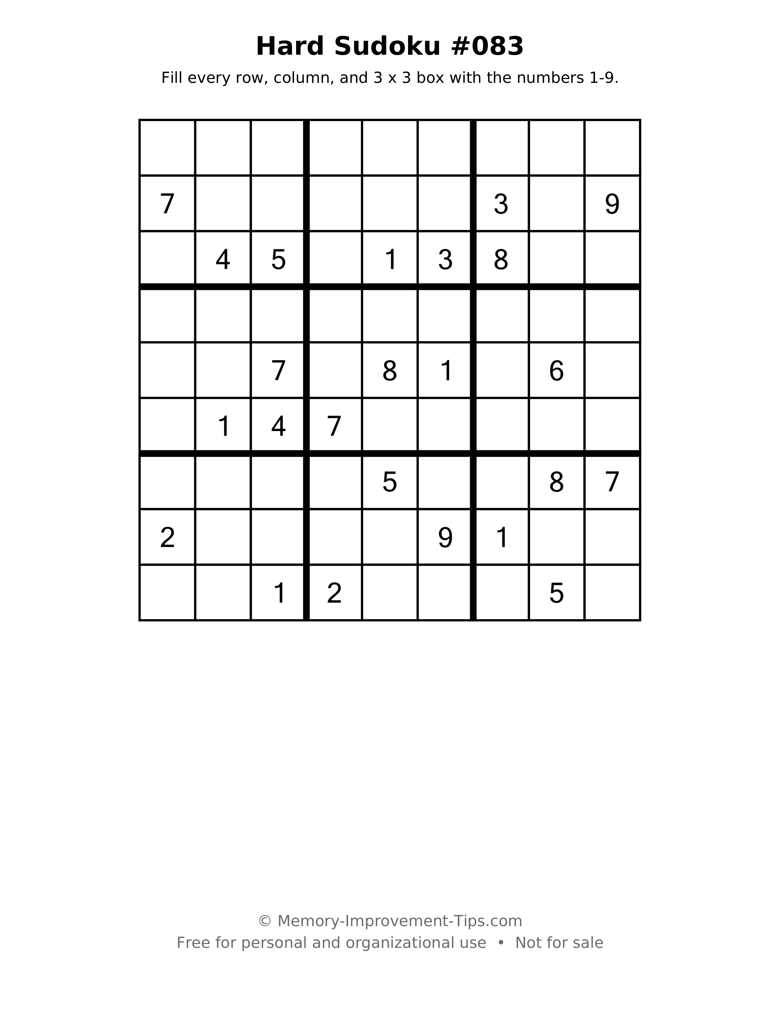 Printable puzzle: Hard Sudoku #083