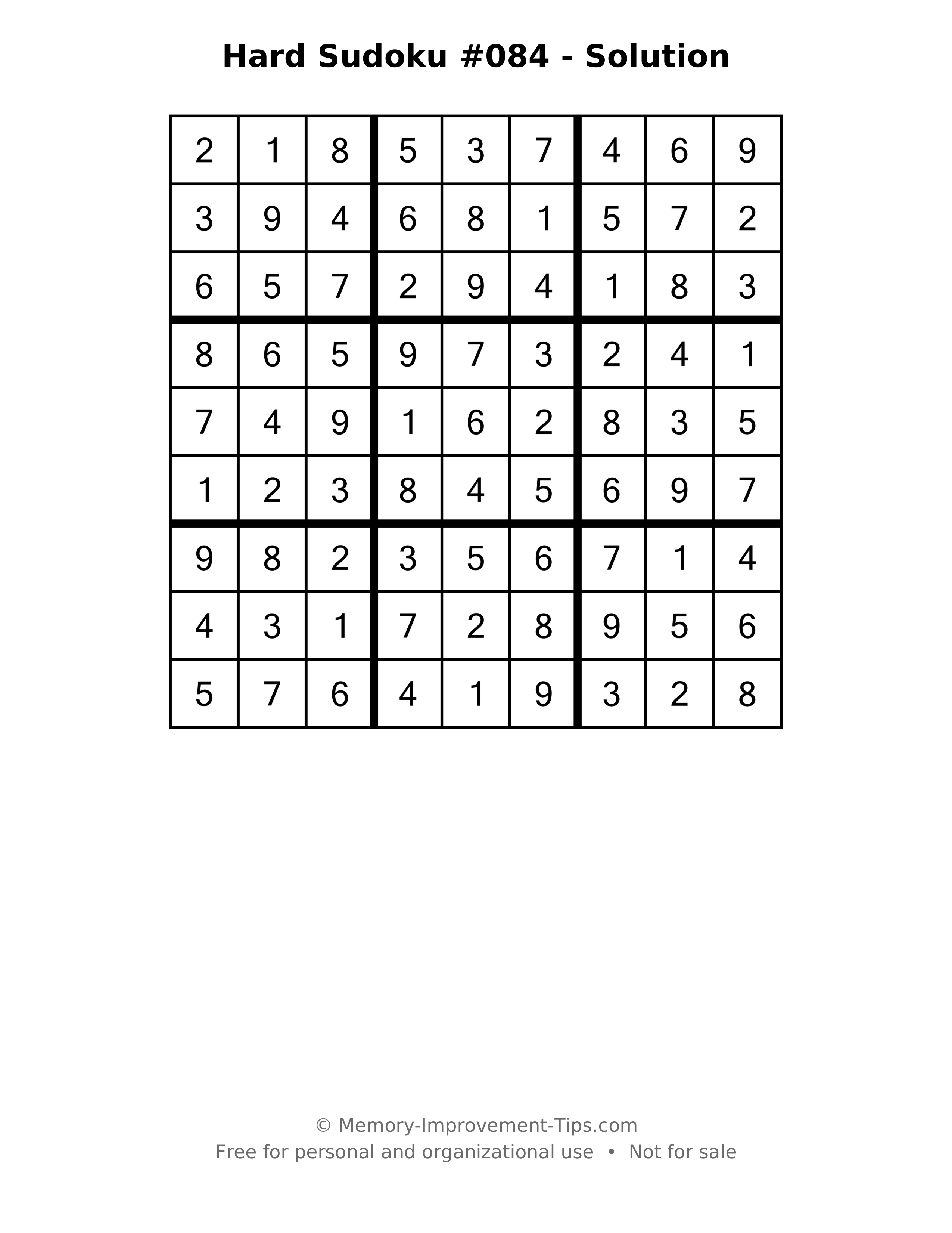 Printable solution: Hard Sudoku #084 - Solution