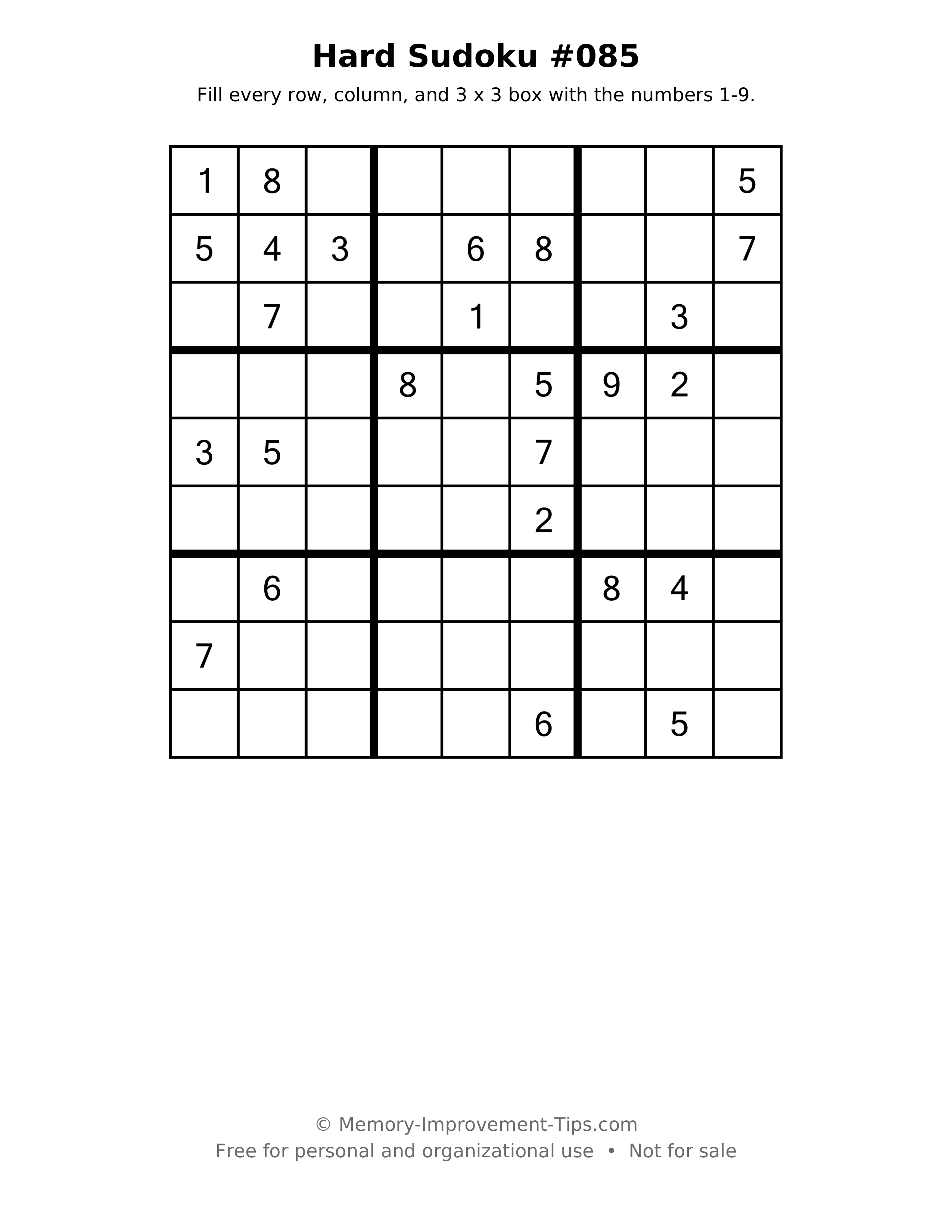 Printable puzzle: Hard Sudoku #085