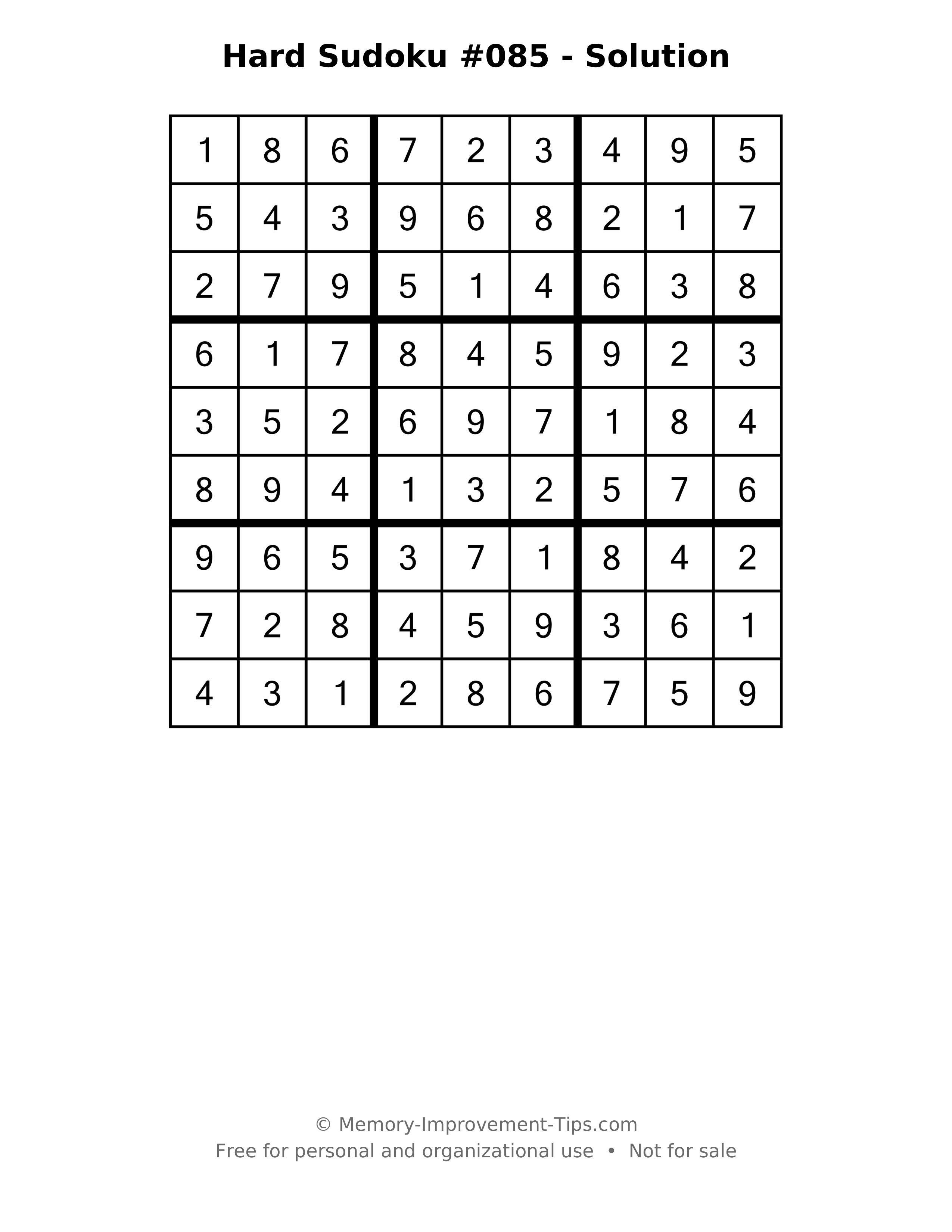 Printable solution: Hard Sudoku #085 - Solution