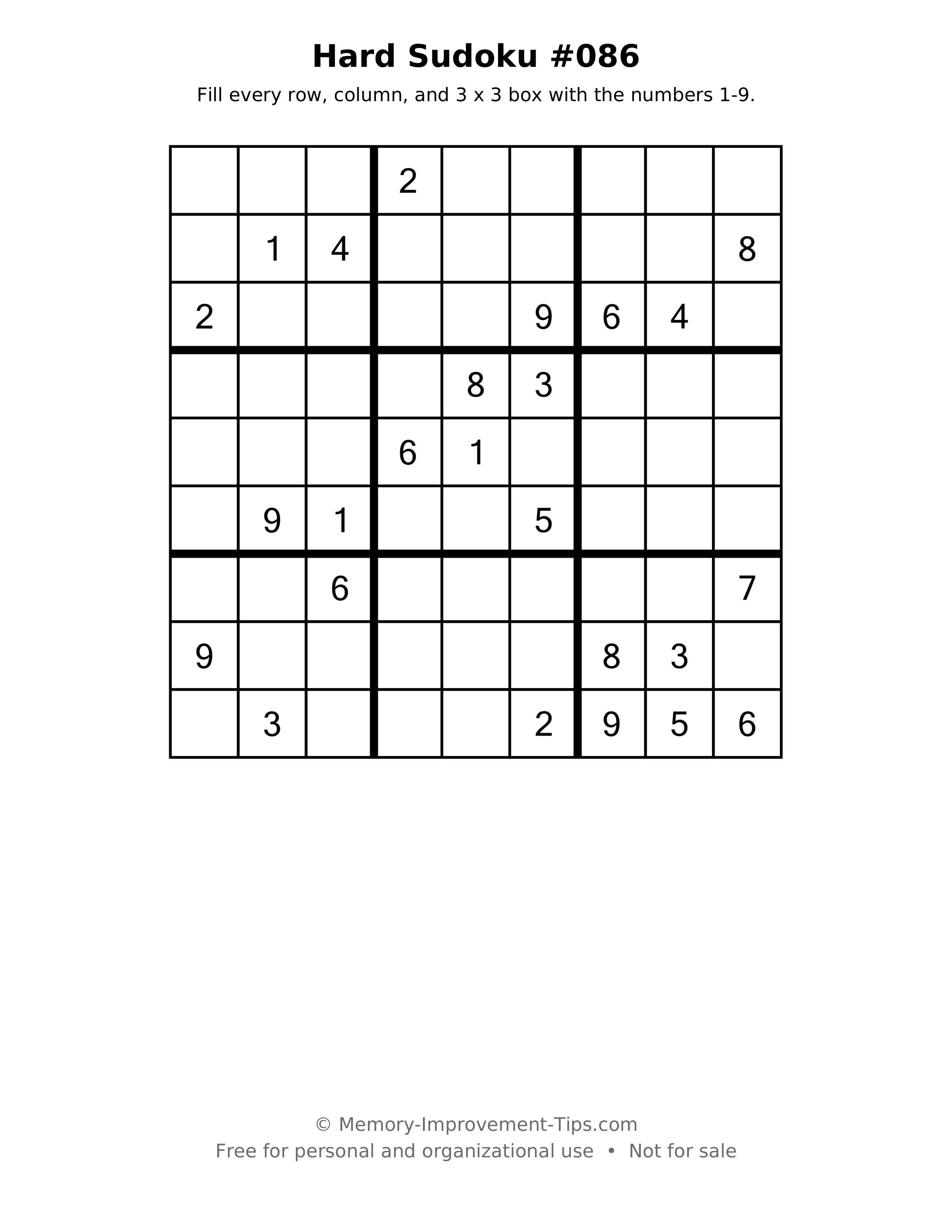 Printable puzzle: Hard Sudoku #086