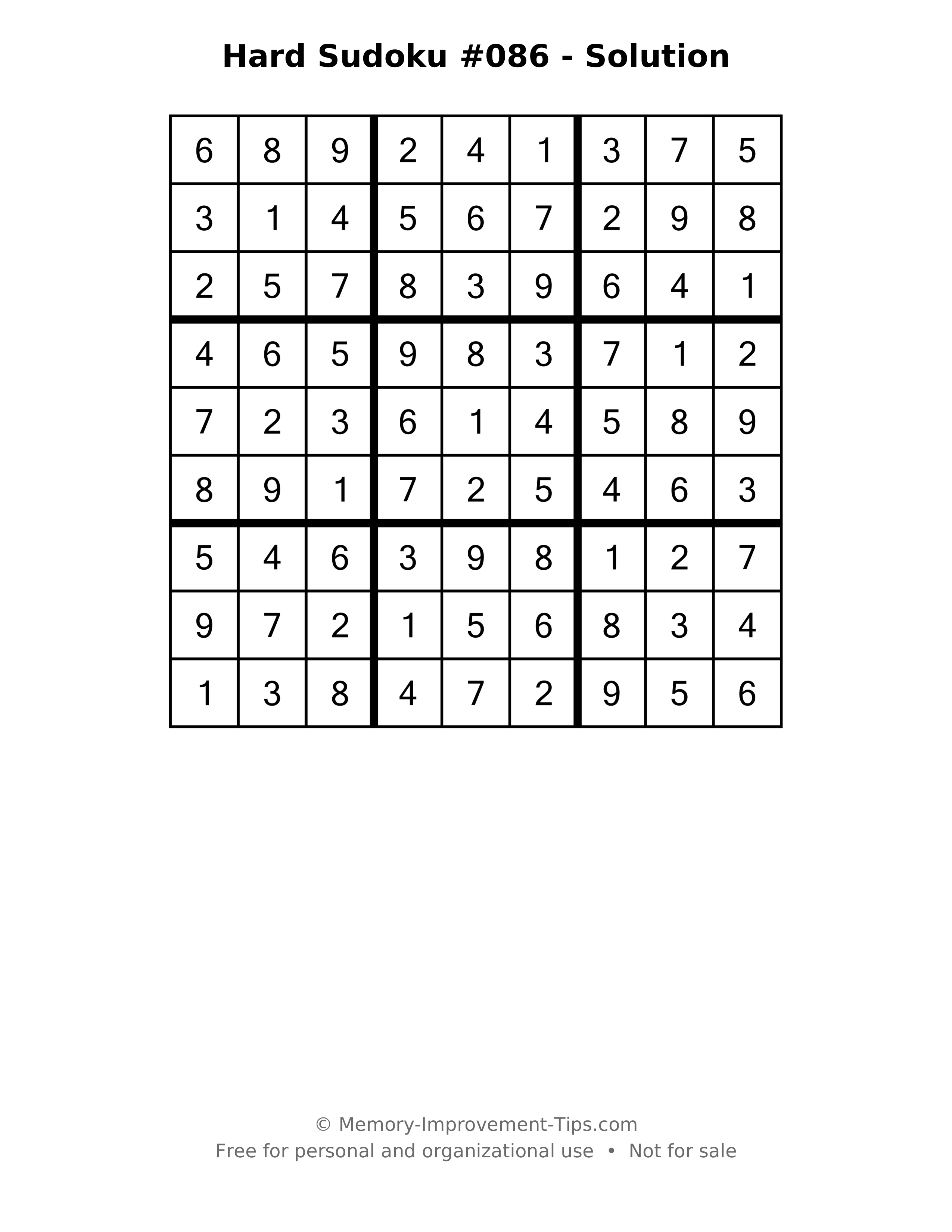 Printable solution: Hard Sudoku #086 - Solution