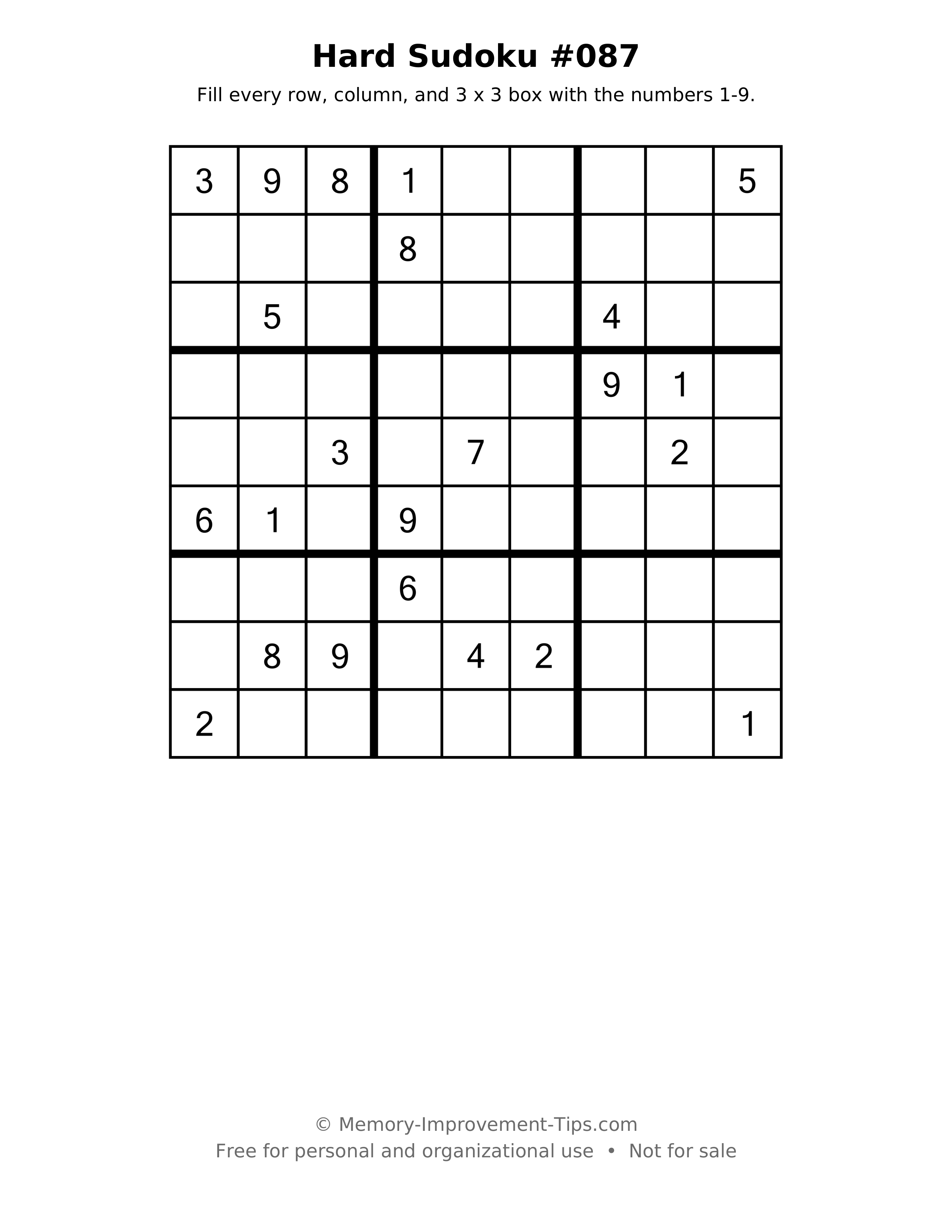 Printable puzzle: Hard Sudoku #087