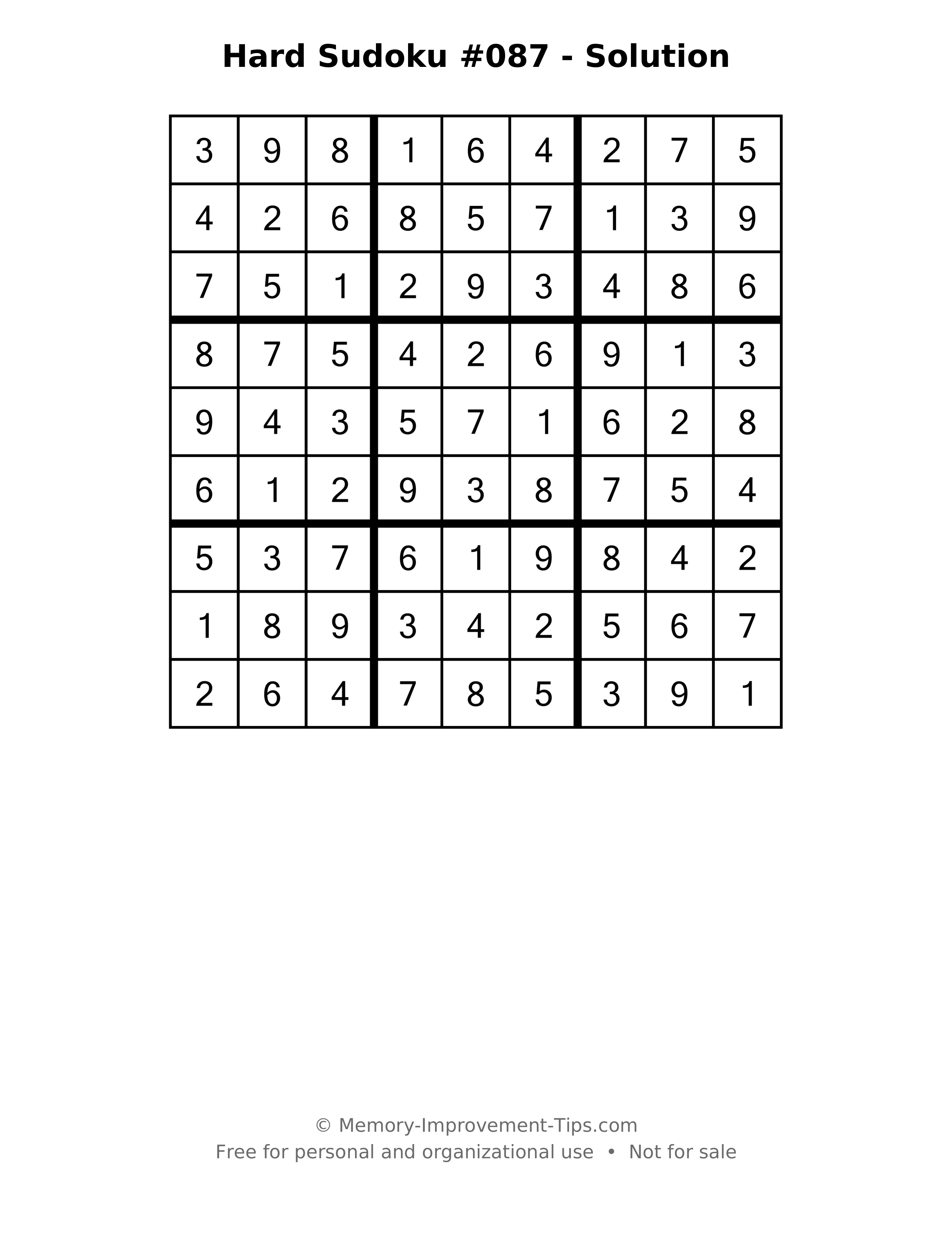 Printable solution: Hard Sudoku #087 - Solution