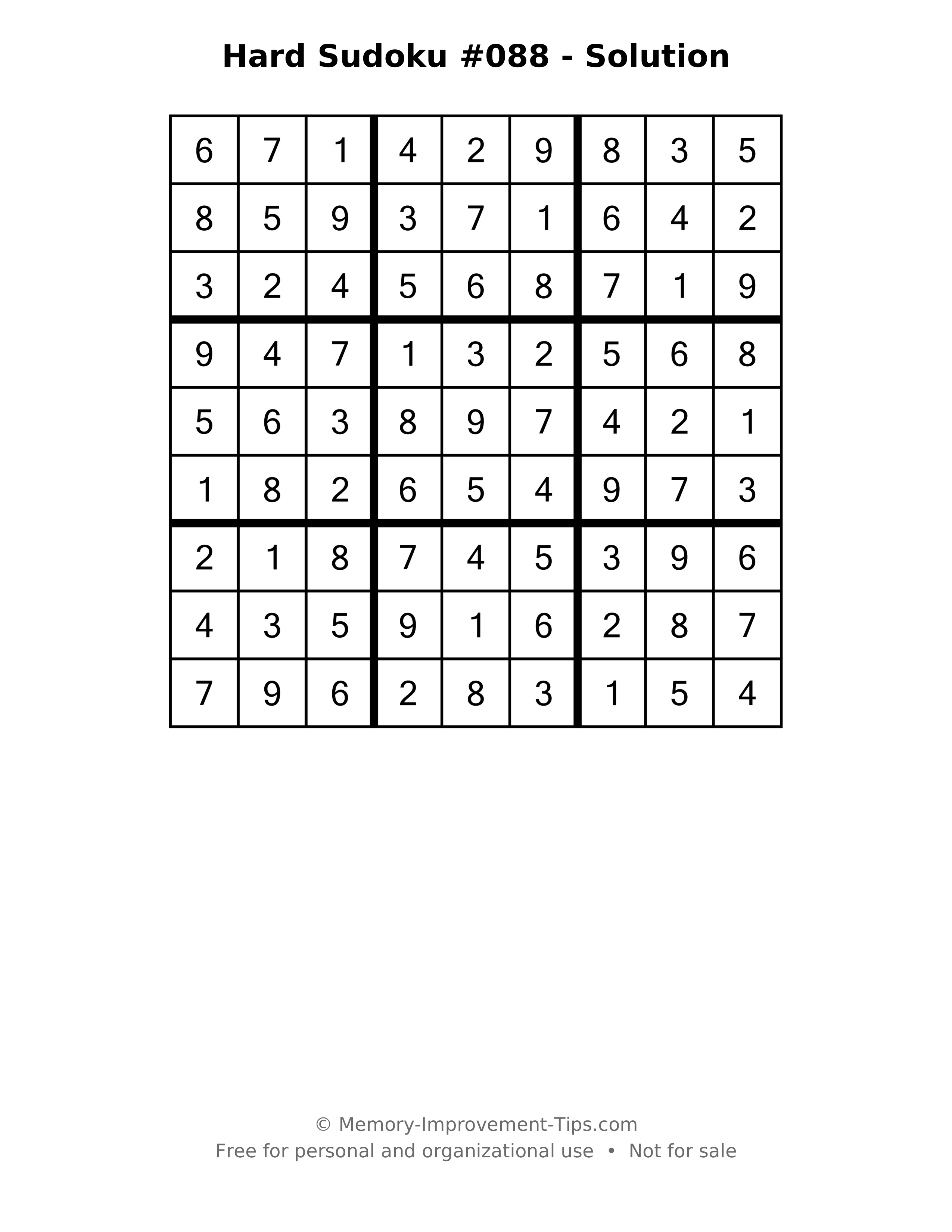 Printable solution: Hard Sudoku #088 - Solution