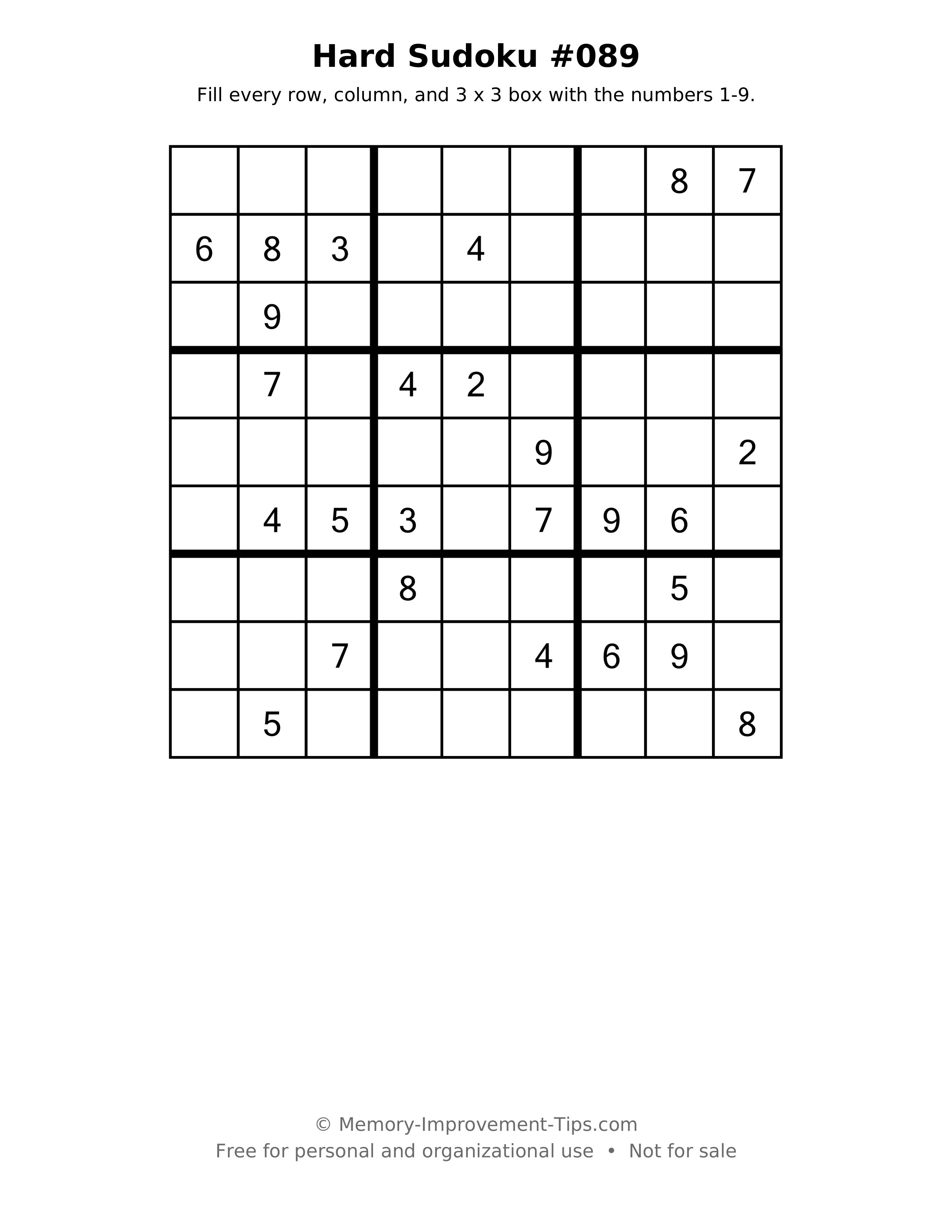 Printable puzzle: Hard Sudoku #089