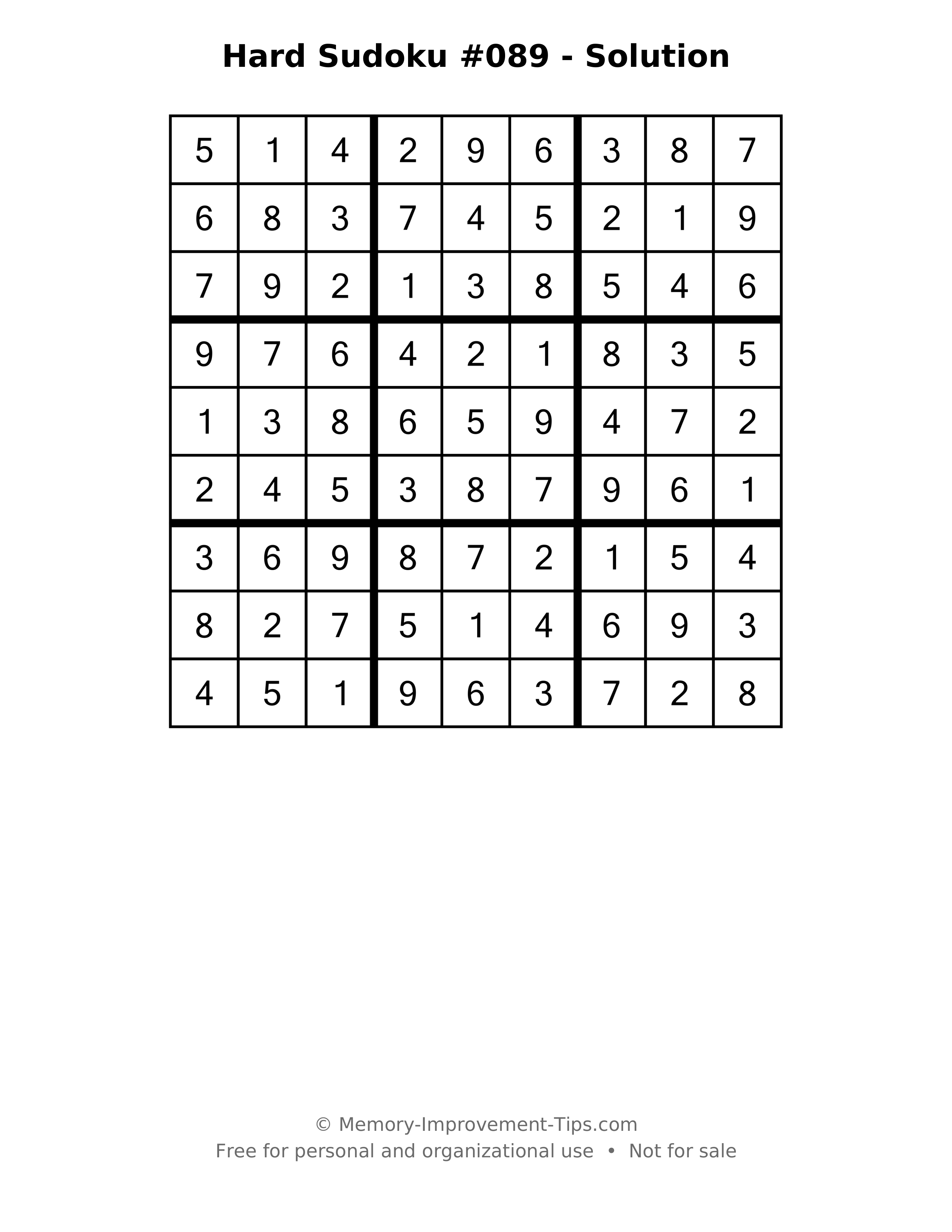 Printable solution: Hard Sudoku #089 - Solution