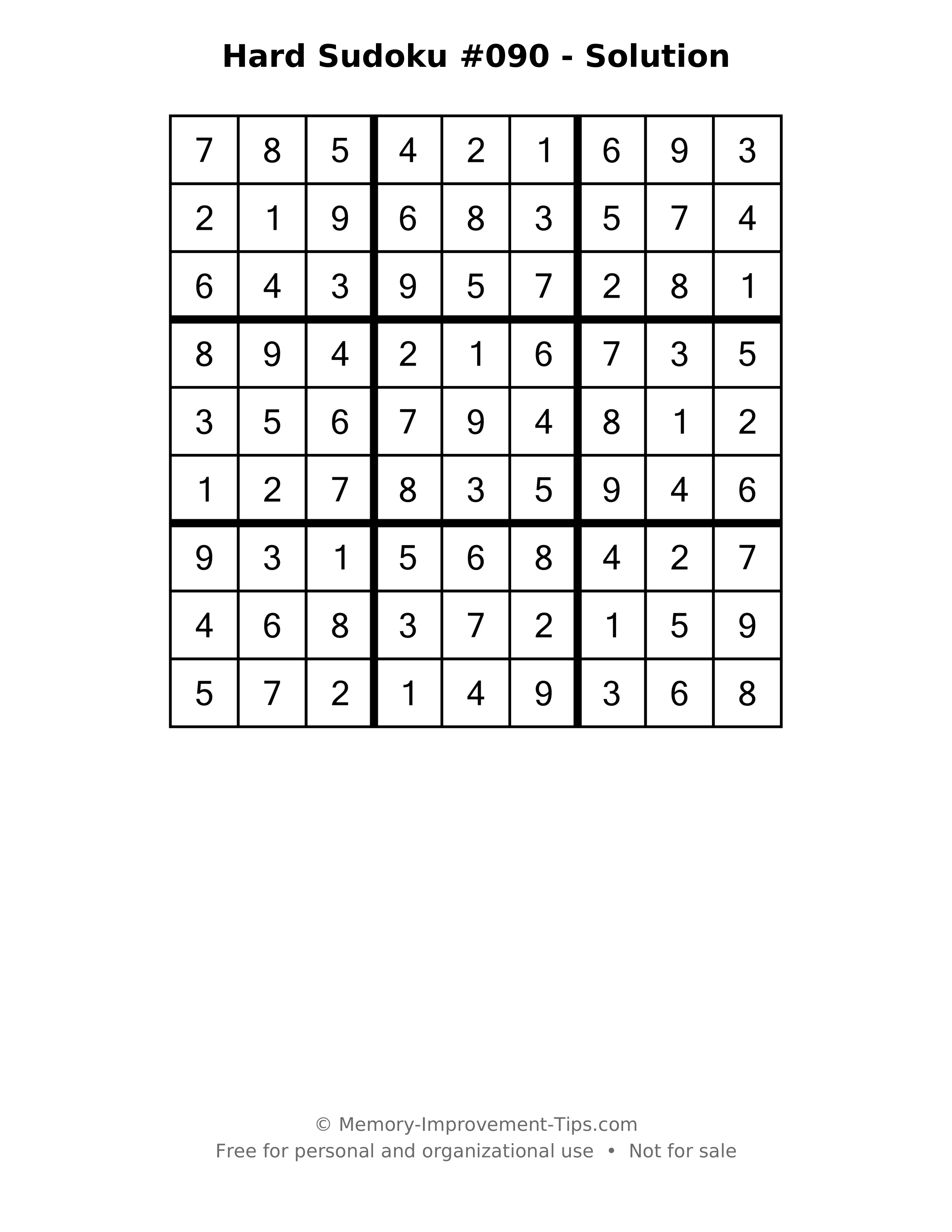 Printable solution: Hard Sudoku #090 - Solution