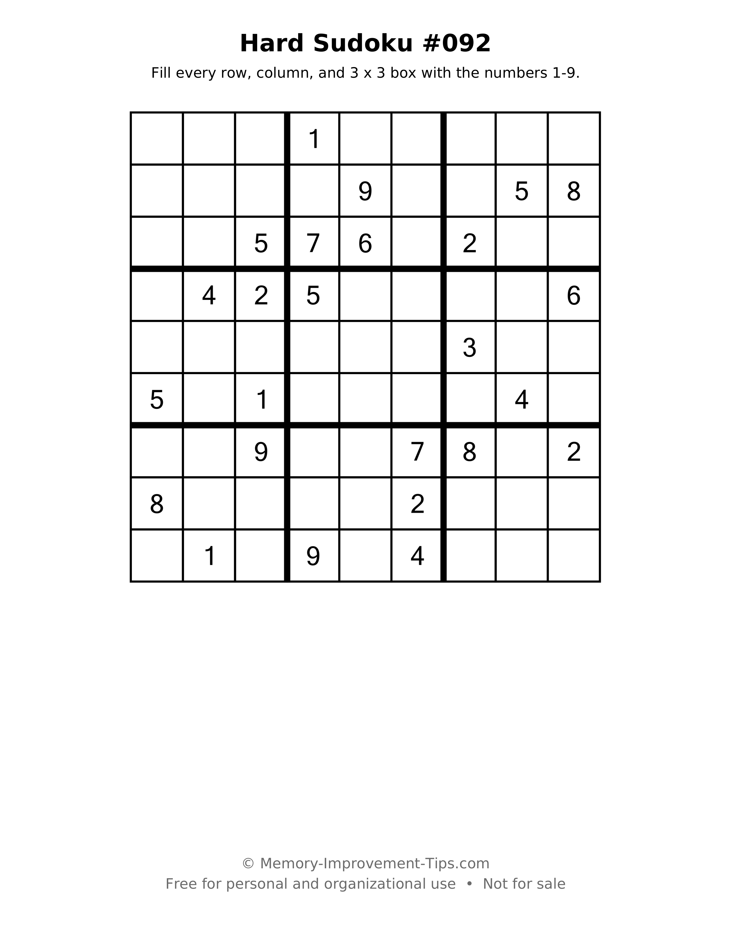 Printable puzzle: Hard Sudoku #092