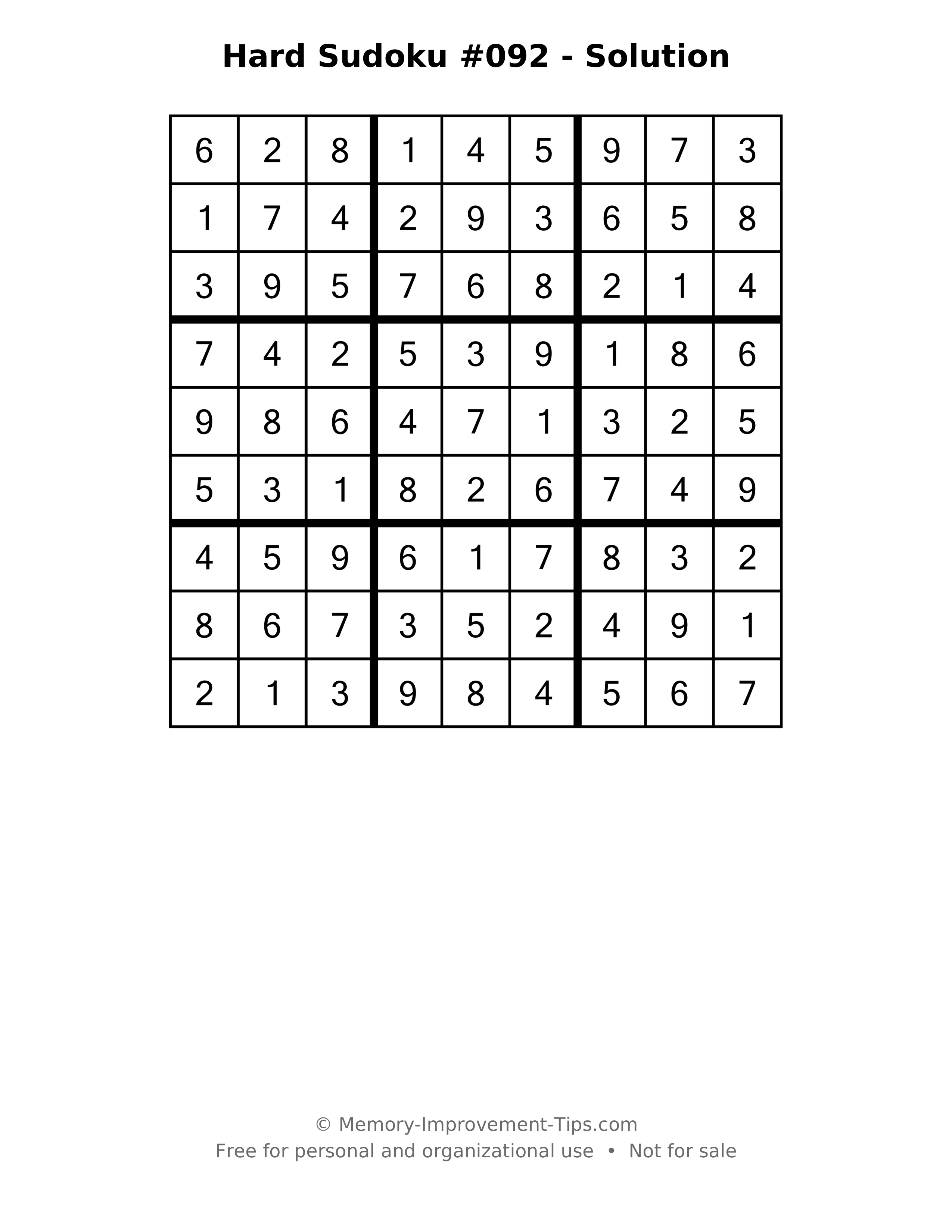 Printable solution: Hard Sudoku #092 - Solution