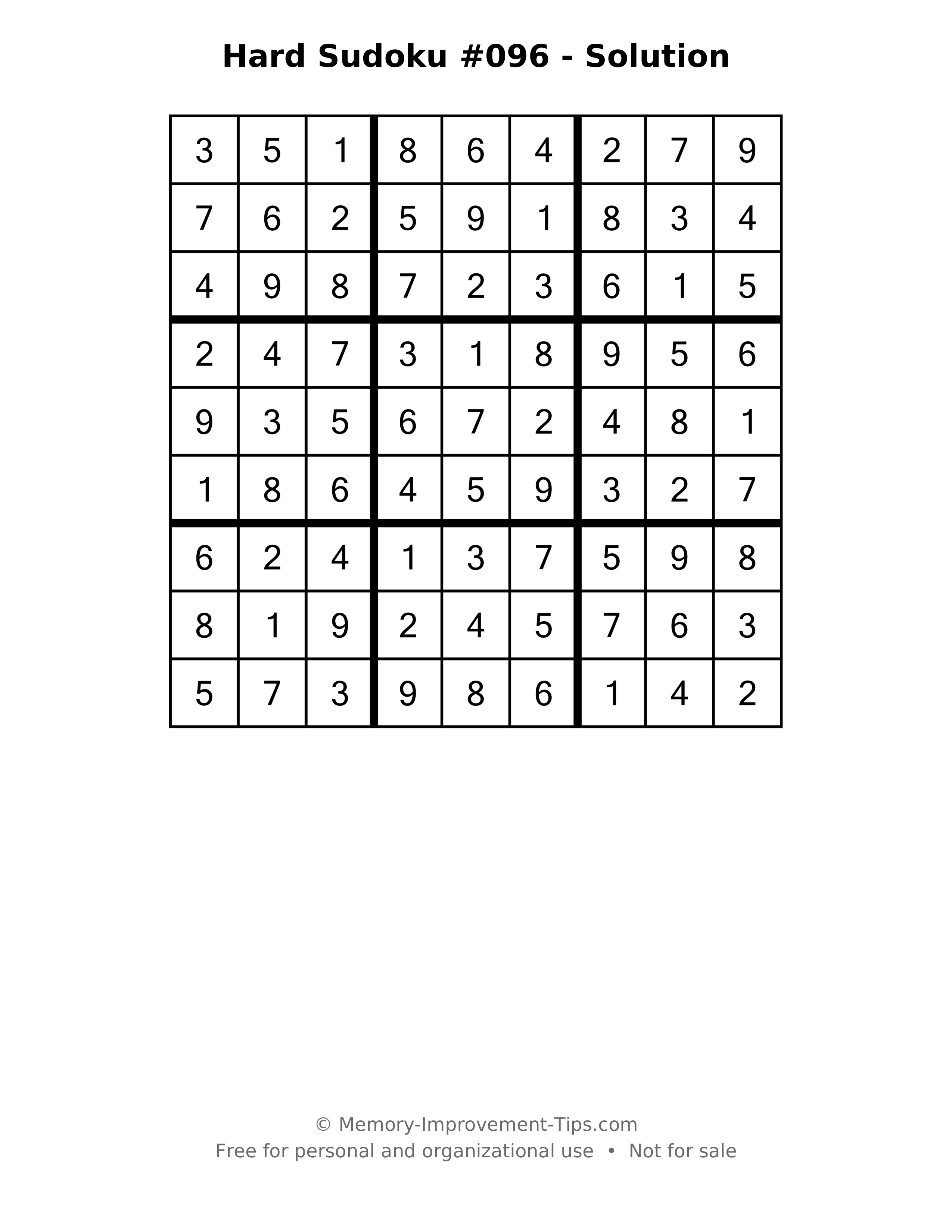 Printable solution: Hard Sudoku #096 - Solution