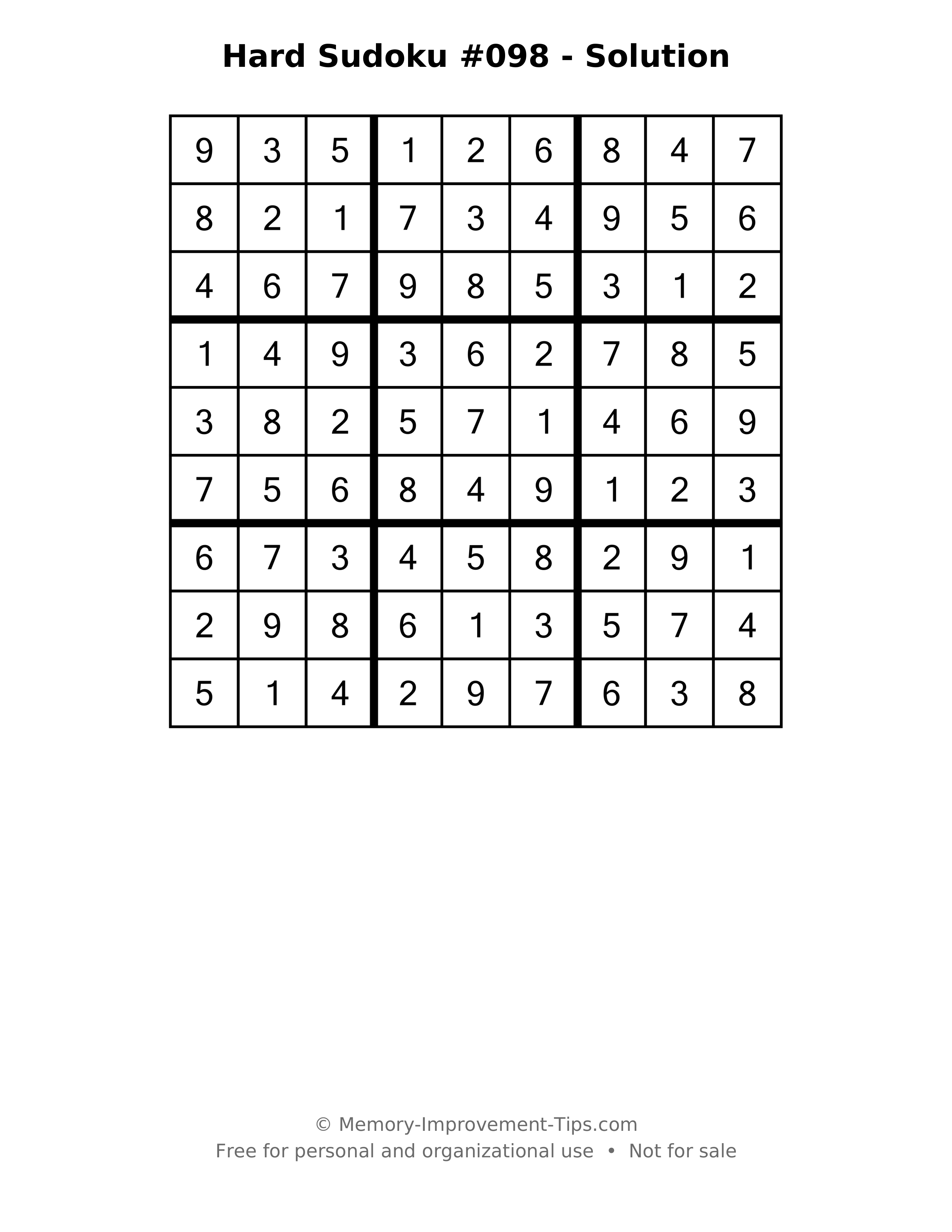 Printable solution: Hard Sudoku #098 - Solution