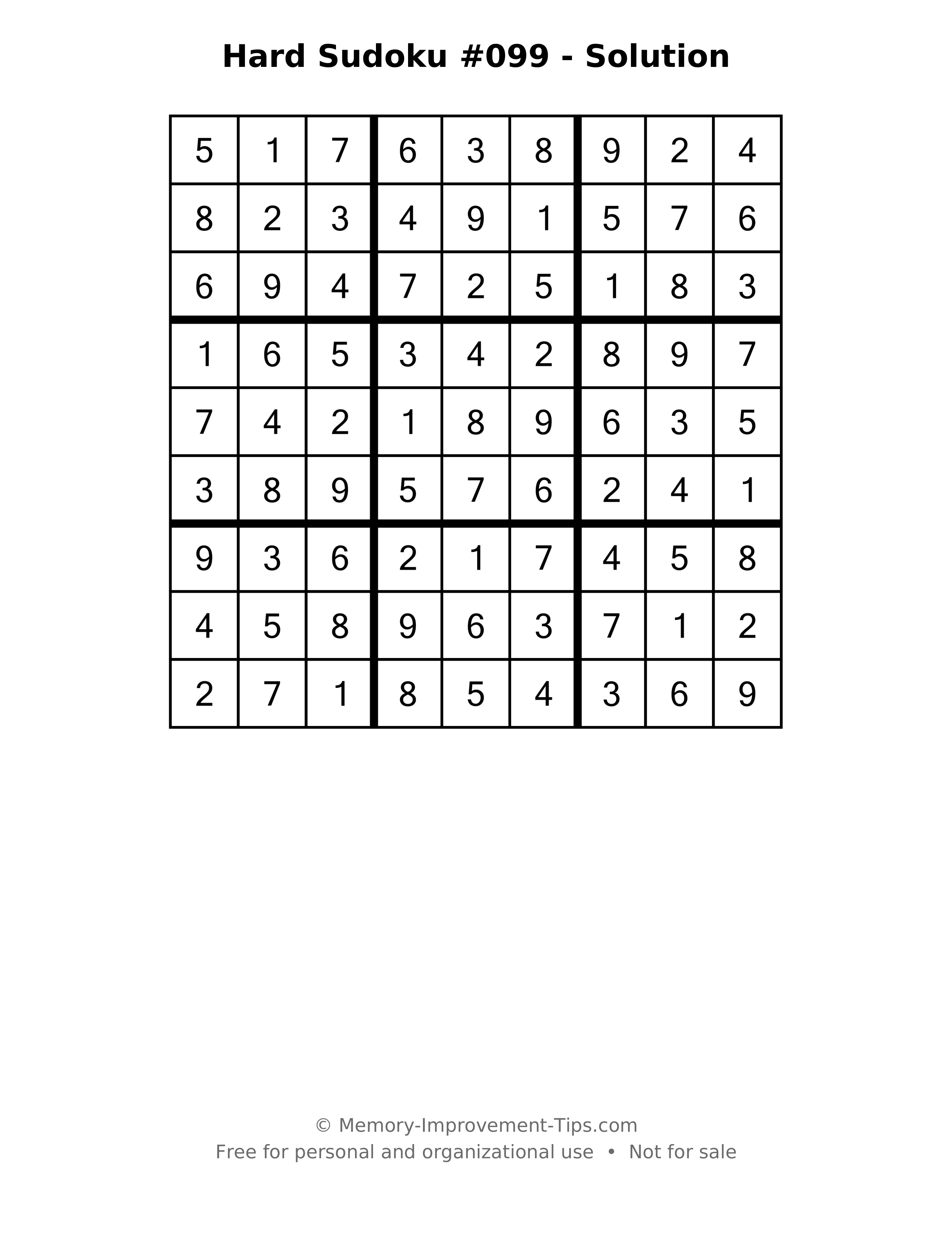 Printable solution: Hard Sudoku #099 - Solution