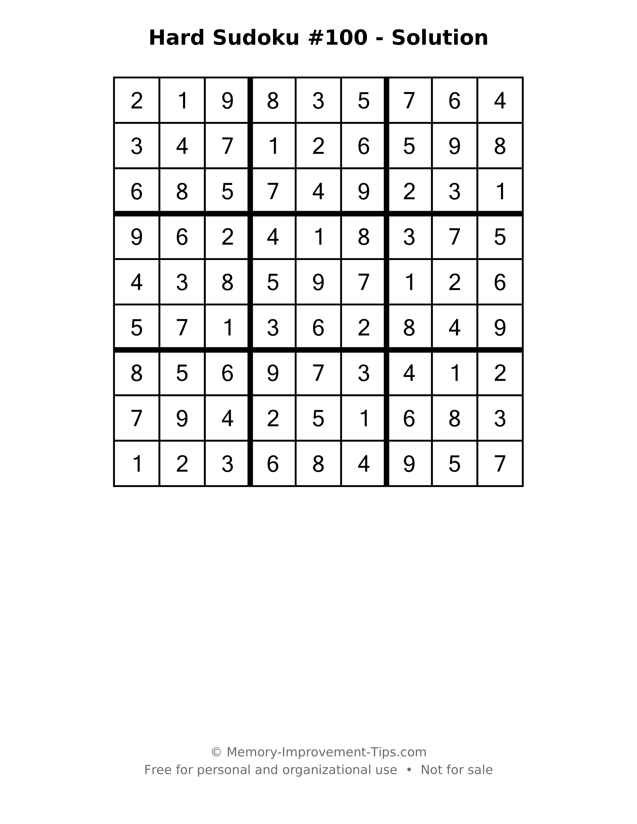 Printable solution: Hard Sudoku #100 - Solution