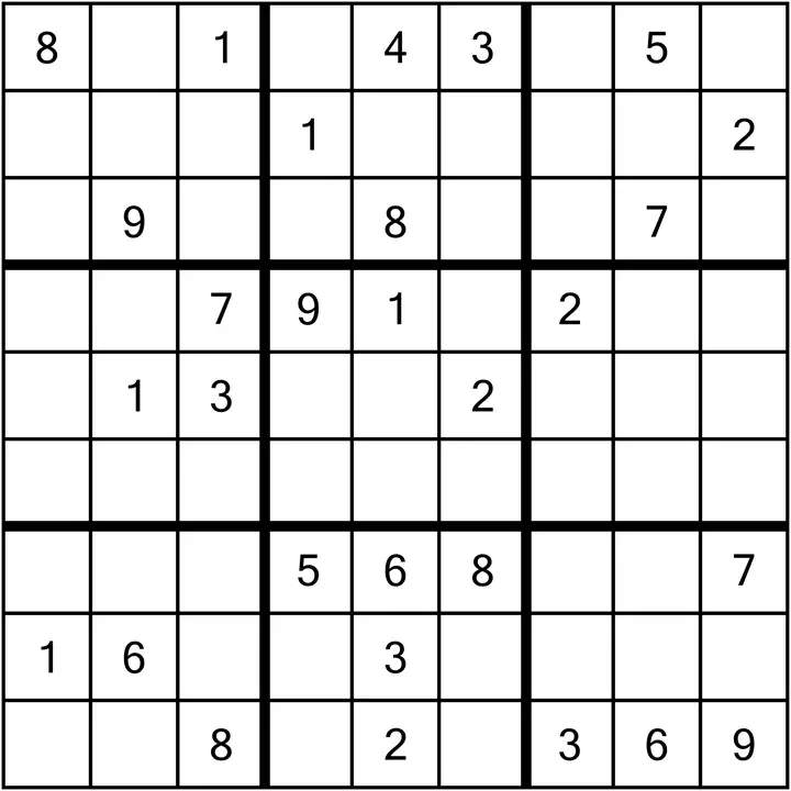 Starting grid for Hard Sudoku Puzzle 001, with room for pencil marks