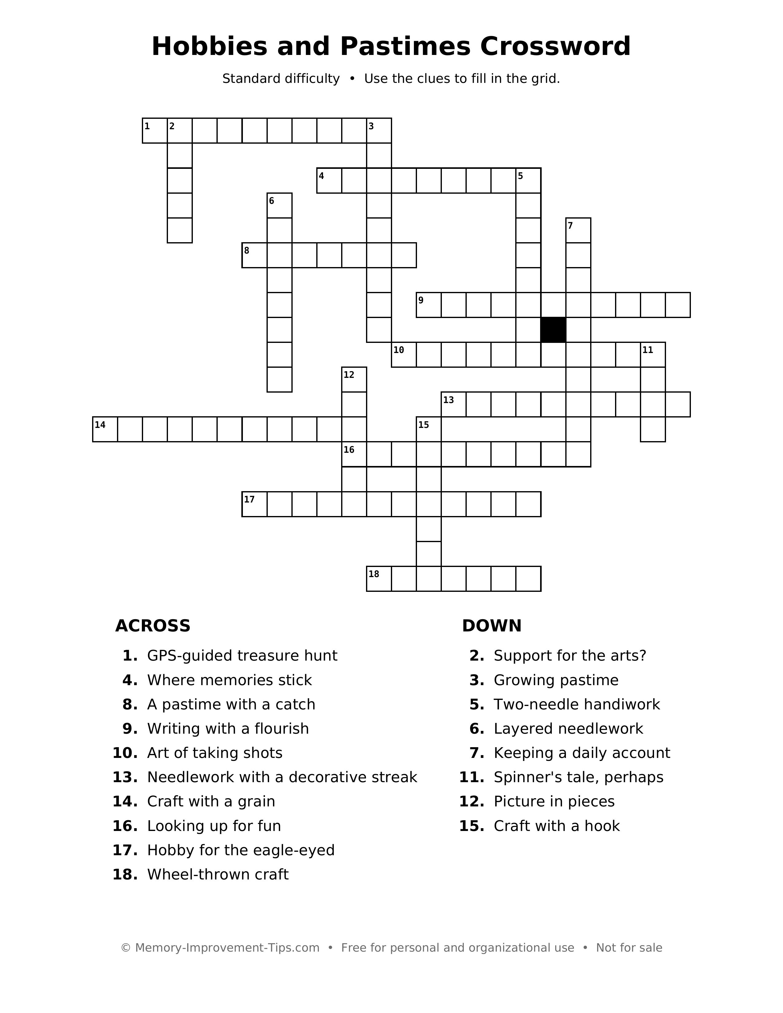 Printable puzzle: Hobbies and Pastimes Crossword